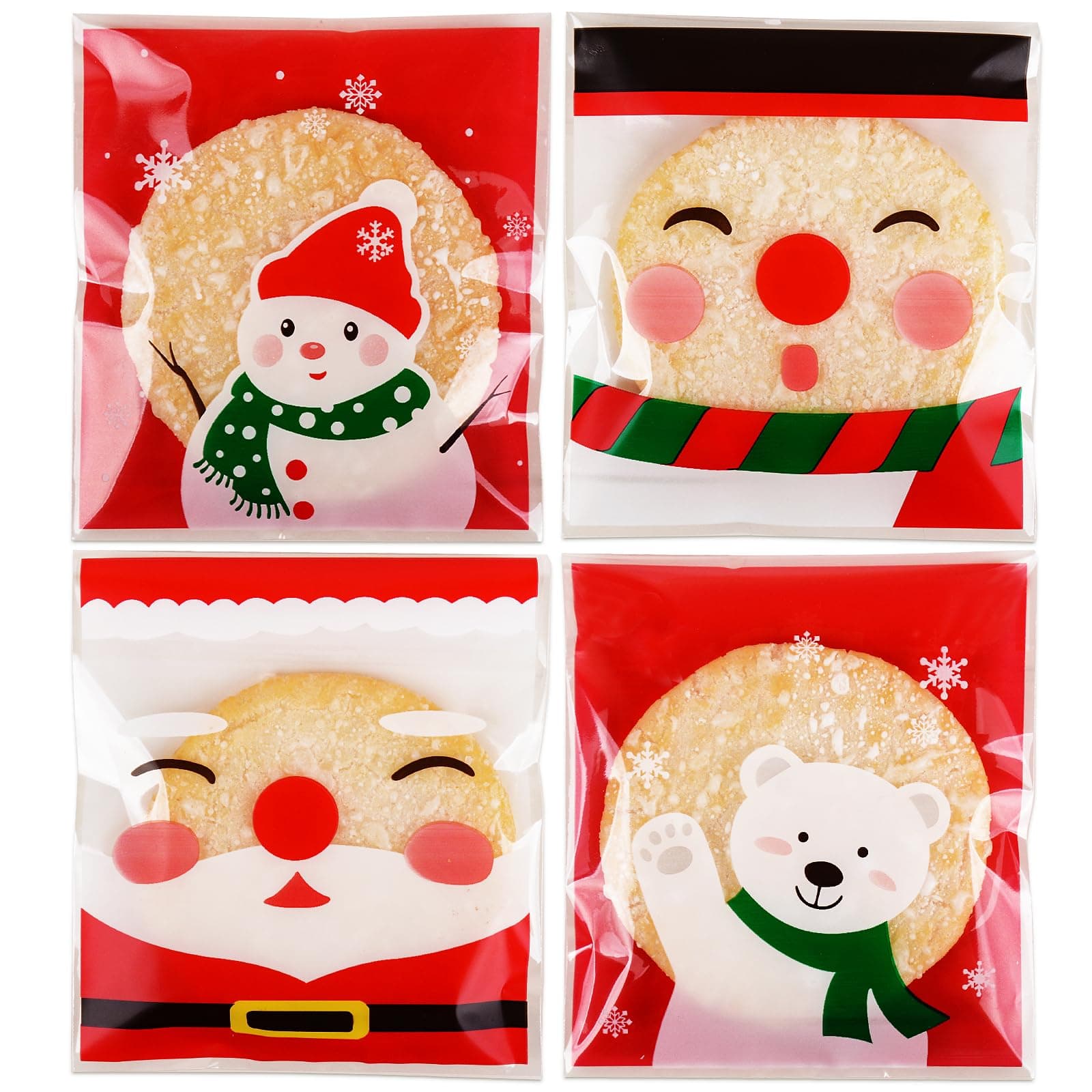 100pcs Christmas Cellophane Treat Bags Sweet Cookie Bags Small Self Seal Xmas Cellophane Bags Empty (Colorful Patterns)