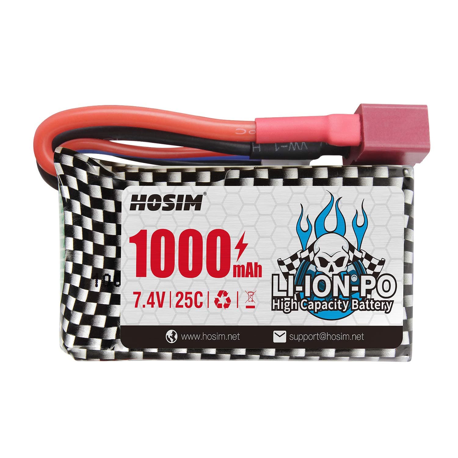 Hosim 7.4V 1000mAh 25C 16889 16890A Q903 Rechargeable Battery Pack with Dean T Connector, Li-Po Battery Brushless Q901 Q903 Q905 16889A 16890 HS181 HM181 18859E Car