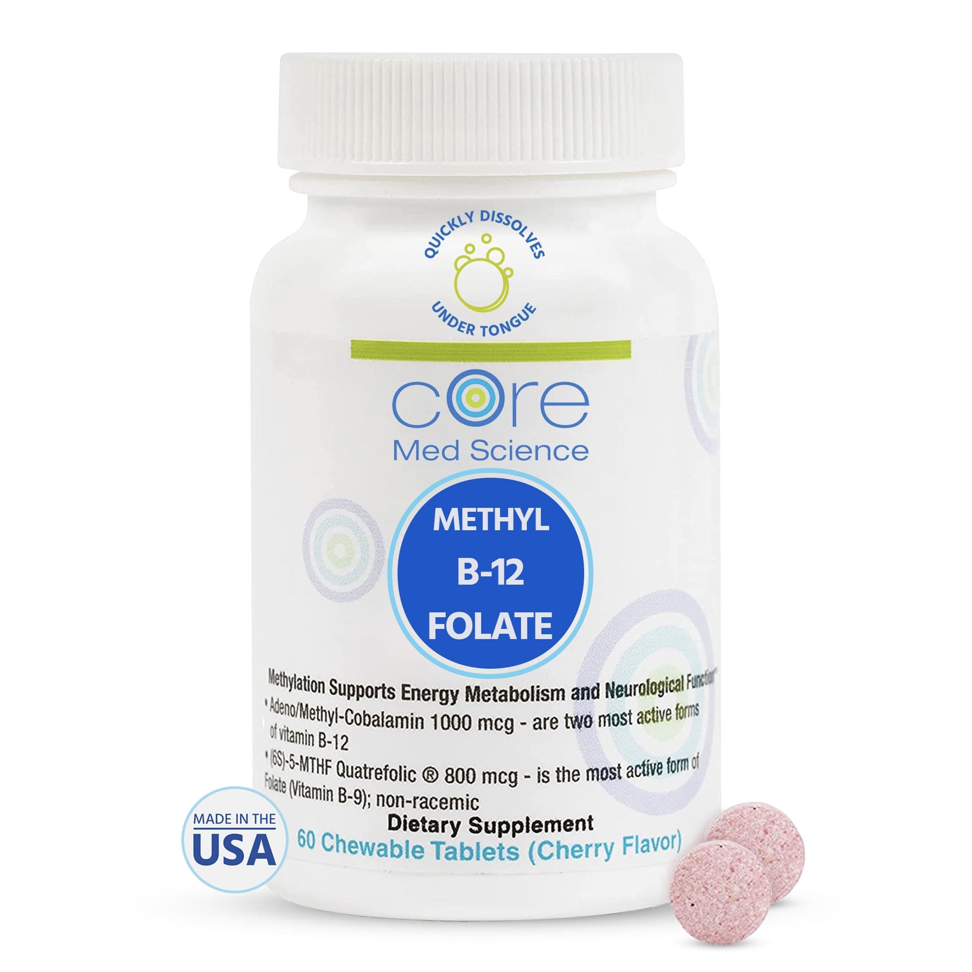 Core Med Science Methyl B12 Folate Supplement for Women & Men - 5-MTHF Pills Support Mood, Cognitive, & Heart Health - Methylfolate Vitamin B9 for Homocysteine Levels & Methylation Cycle (60 Count)