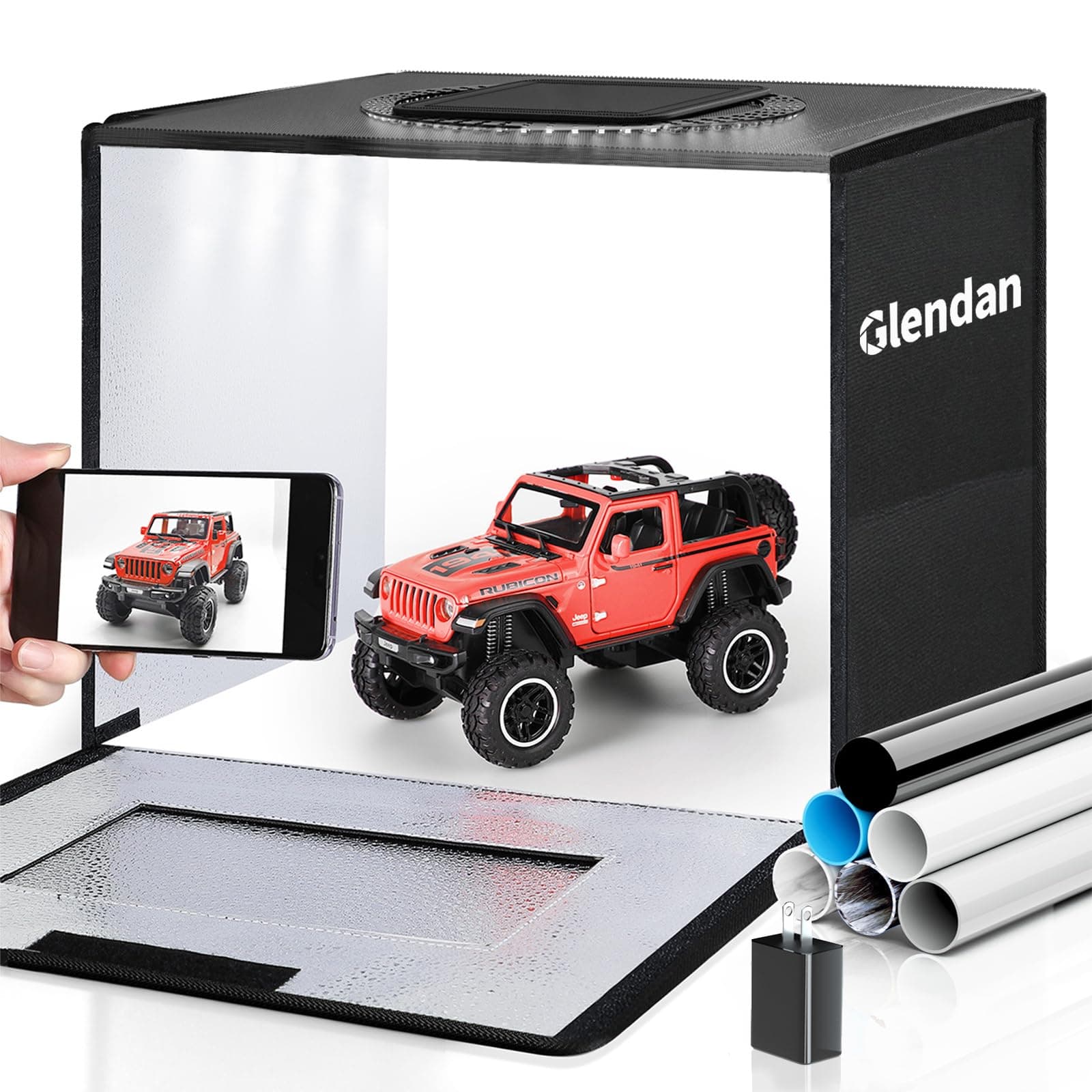 Glendan Portable Light Box Photography, 16"x12" Professional Dimmable Photo Box with 112 High Color Rendering Index LED Lights & 8 Color PVC Backdrops for Jewelry and Small Item Product Photography