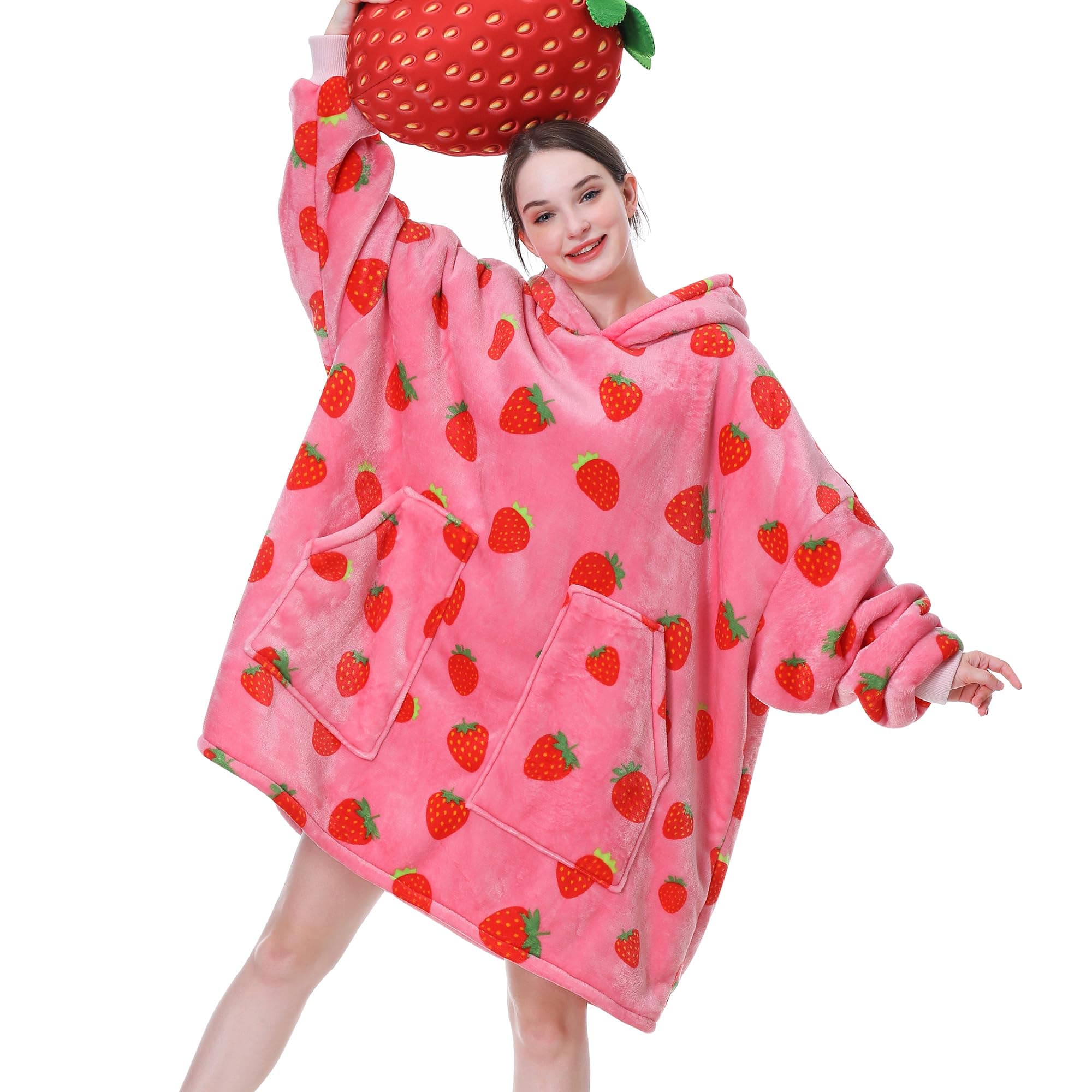 Strawberry Blanket Hoodie,Oversized Sherpa Wearable Hooded Blanket,Warm Cozy Sweatshirt Gifts for Women Girls Adult