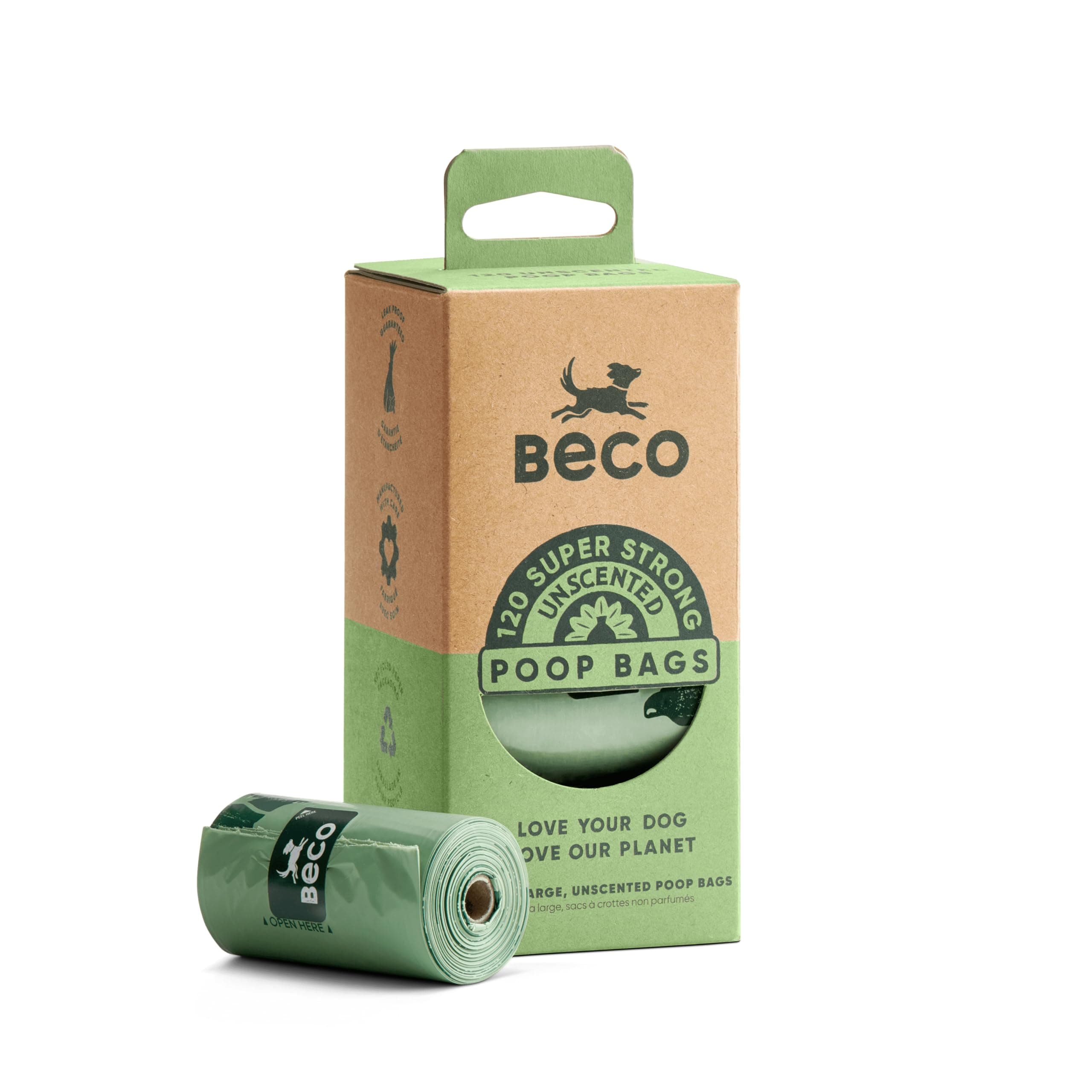Pets Beco Super Strong & Large Poop Bags | Unscented Dog Poo Bags | 120 Refill Rolls [8 x 15] | Dispenser Compatible