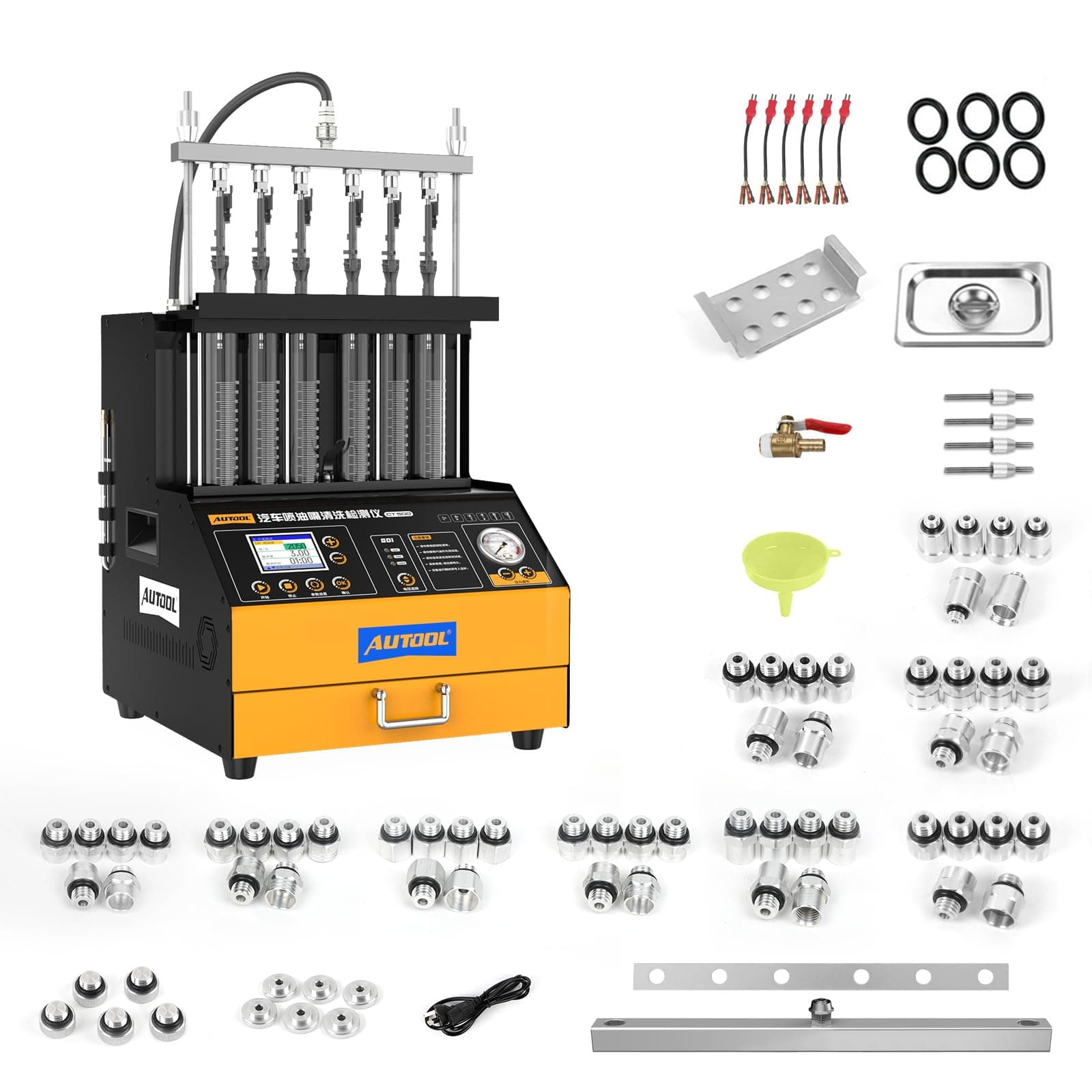 - AUTOOL Fuel Injector Cleaner and Tester Machine, Ultrasonic Fuel Injection Cleaner 6 Cylinder for GDI, EFI, FSI, 12V/70V/120V, Color Display, 67.63oz Cleaning Tank, 3 Cleaning Functions 12 Test Modes