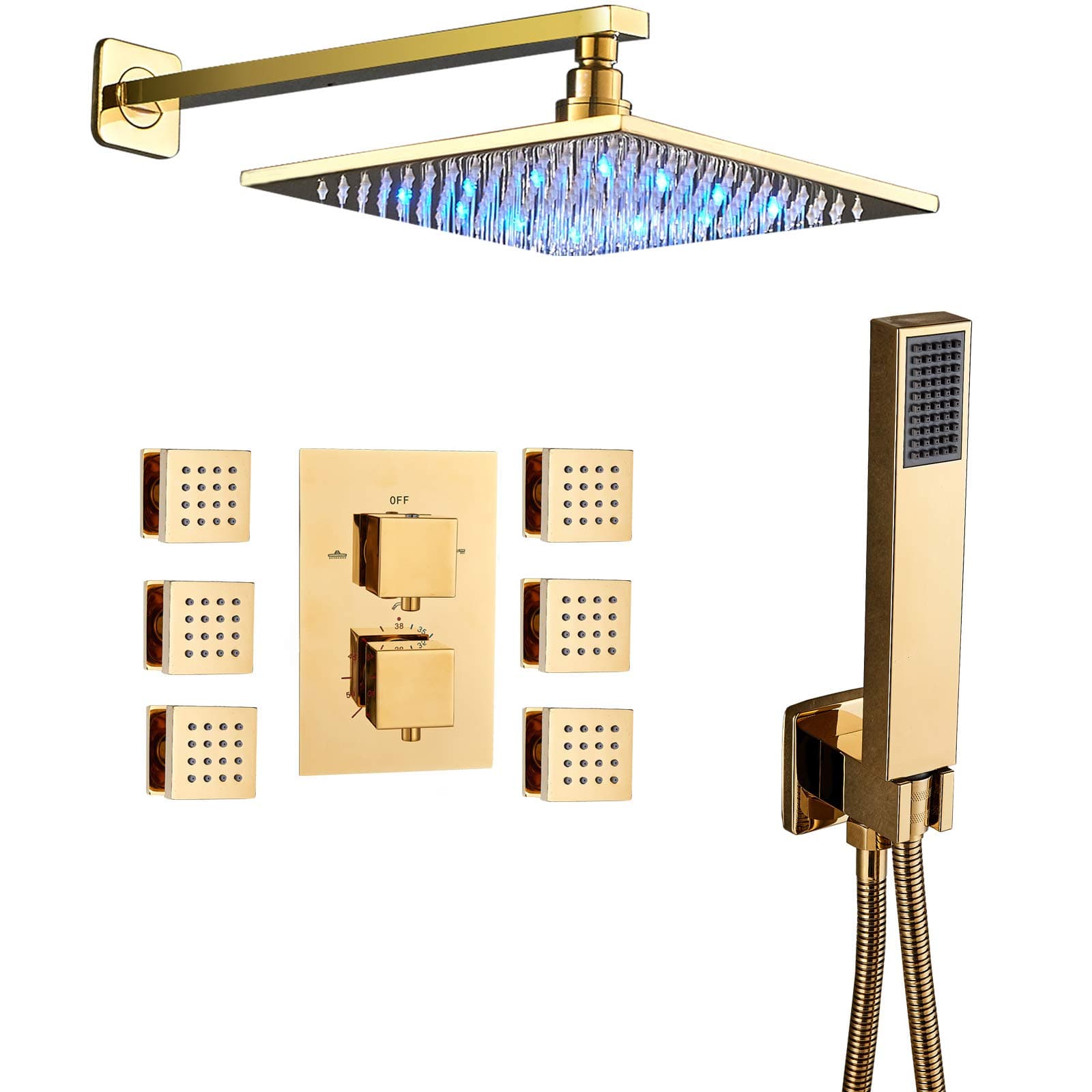 Senlesen Thermostatic 3-way Mixer Shower Bathroom Shower Set 10" LED Shower Head Rainfall 6 Massage Jets Spray Body Shower Set Gold Polished