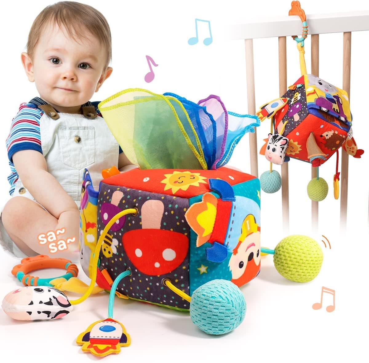 AM ANNA Baby Tissue Box Toy, Montessori Toys for 1 Year Old,Baby Pull String Activity Toy, Toddler Fine Motor Skills Stroller Toys,Hanging Rattles Toy,Toddlers Travle Sensory Toys for 1-3 Girl Boy