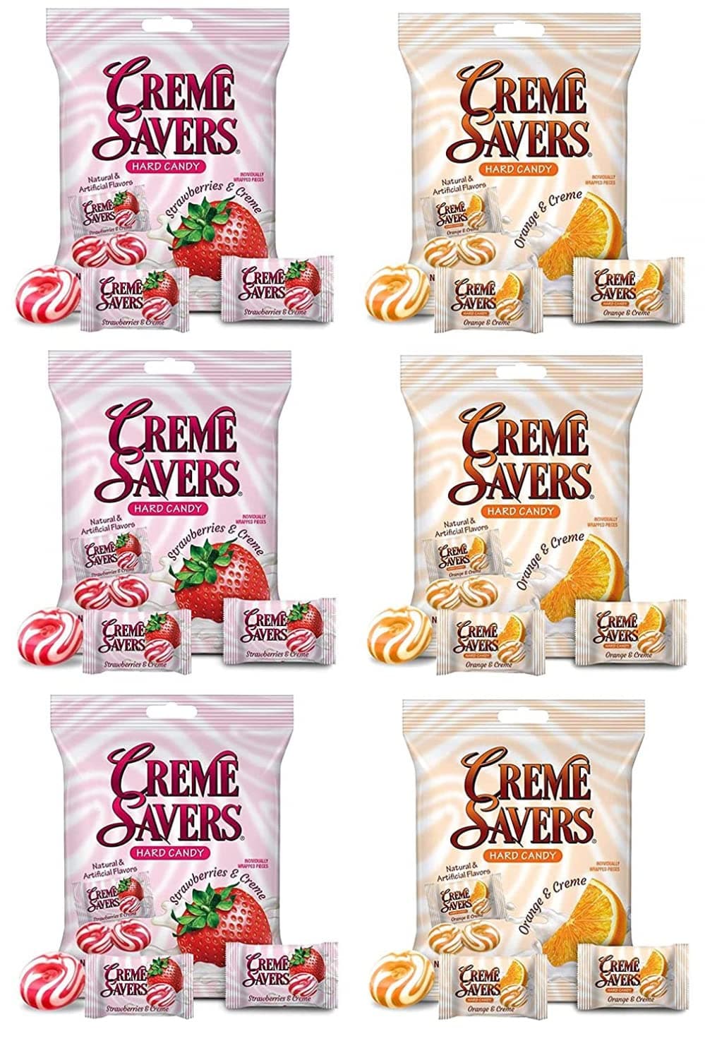 Savers Strawberry and Creme Orange and Creme Hard Candy 6 Bag Variety Bundle | The Original Classic Creme Savers | Six Bag Variety Pack - 37.5oz Total Included, 6.25 Ounce (Pack of 6)