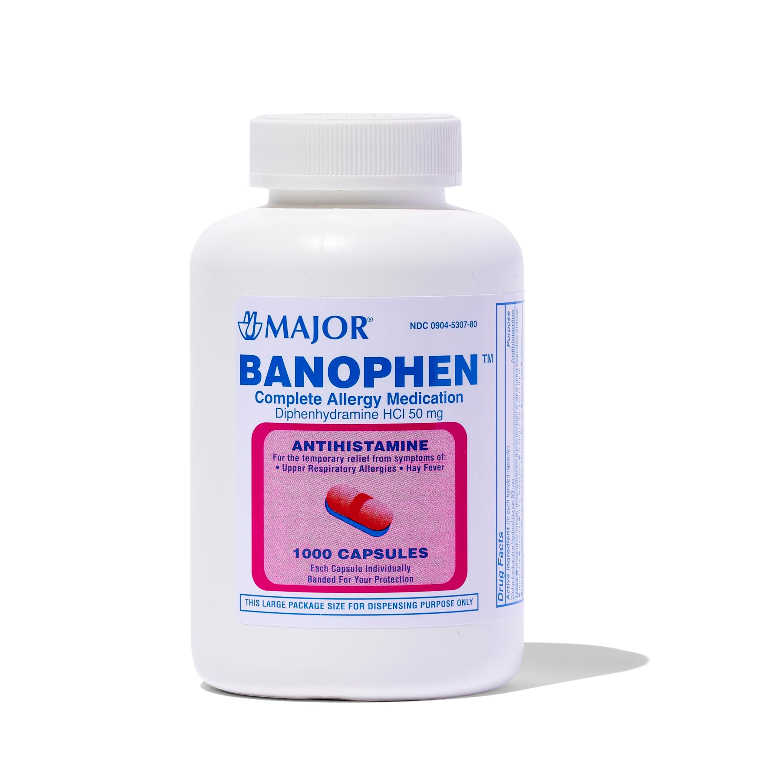 MAJOR Banophen Diphenhydramine HCI 50 mg Capsules - Temporarily Relief from The Symptoms of Hay Fever and Upper Respiratory Allergies - Antihistamine - Allergy Medicine - 1000 Capsules (1-Pack)