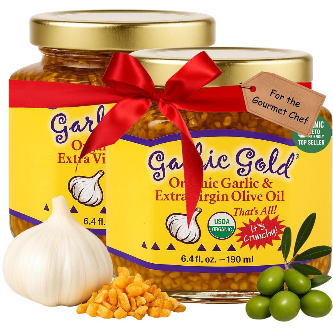Garlic Gold Toasted Granules in Extra Virgin Olive Oil, USDA Organic Certified Minced Garlic, Sodium Free, Non GMO & Vegan, Keto & Paleo Friendly (6.4 Oz, 2 Pack)