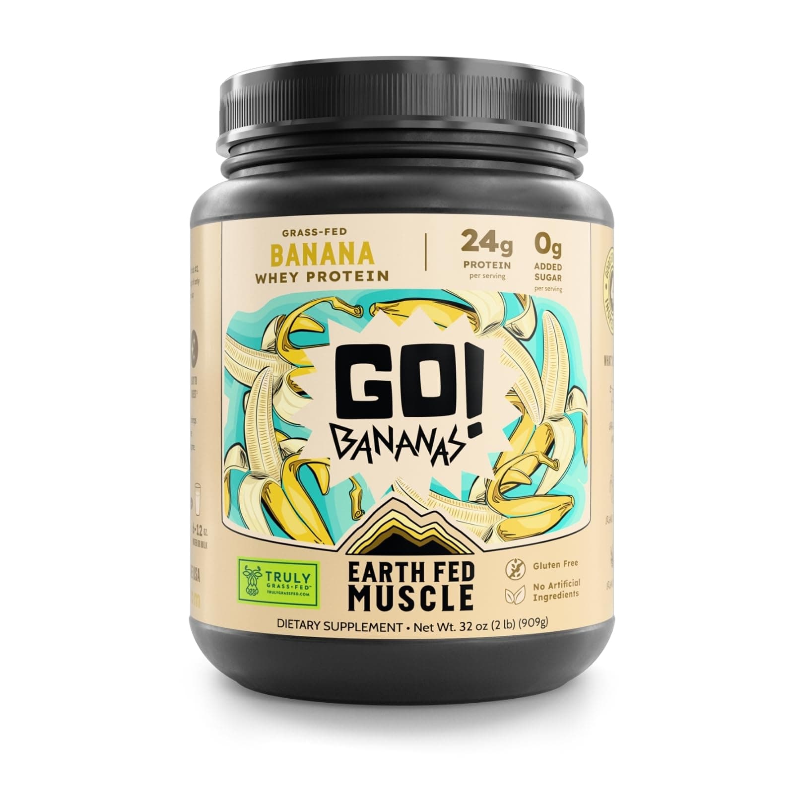 Earth Fed Muscle Go! Bananas Irish Grass‑Fed Whey Protein Isolate – All Natural Banana Flavor, Zero Added Sugar, Soy‑Free, Gluten‑Free (2lb, 27 Servings, Banana)