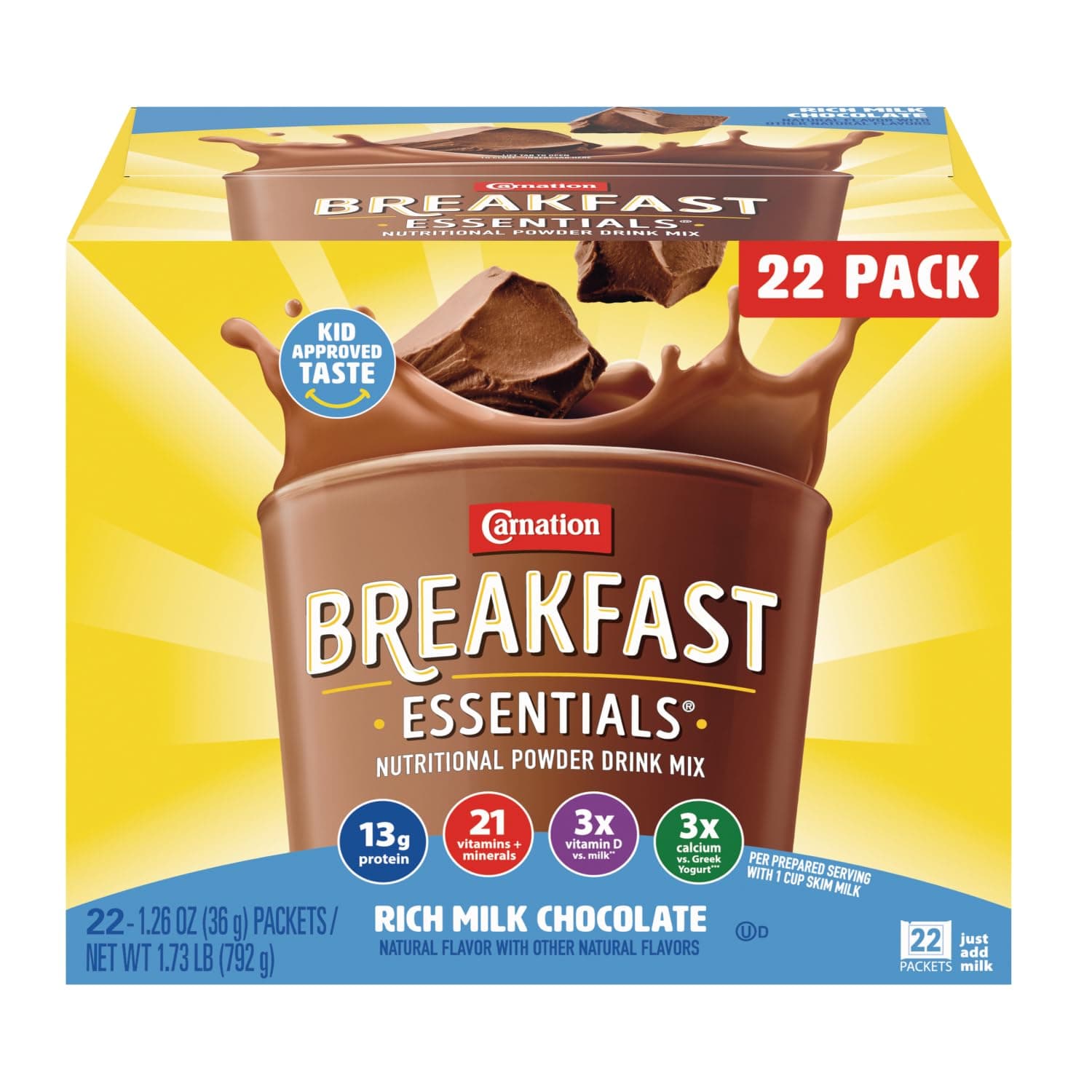Carnation Breakfast Essentials Powder Drink Mix, Rich Milk Chocolate, 22 Count Box of Packets (Packaging May Vary)