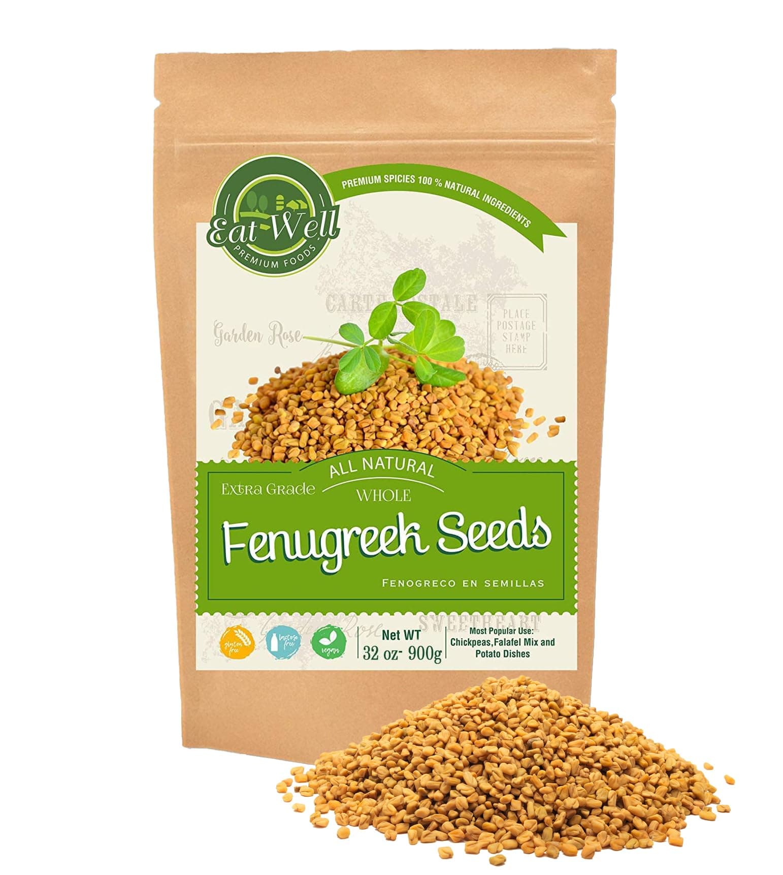 Eat Well Premium Foods Whole Fenugreek Seeds 32 oz, Bulk Fenugreek Methi Seed in Reseable Bag, Fenogreco en Semillas, Can be Ground to Powder or Used as Tea, 100% Natural Fresh Gourmet Spice Ingredients for Cooking