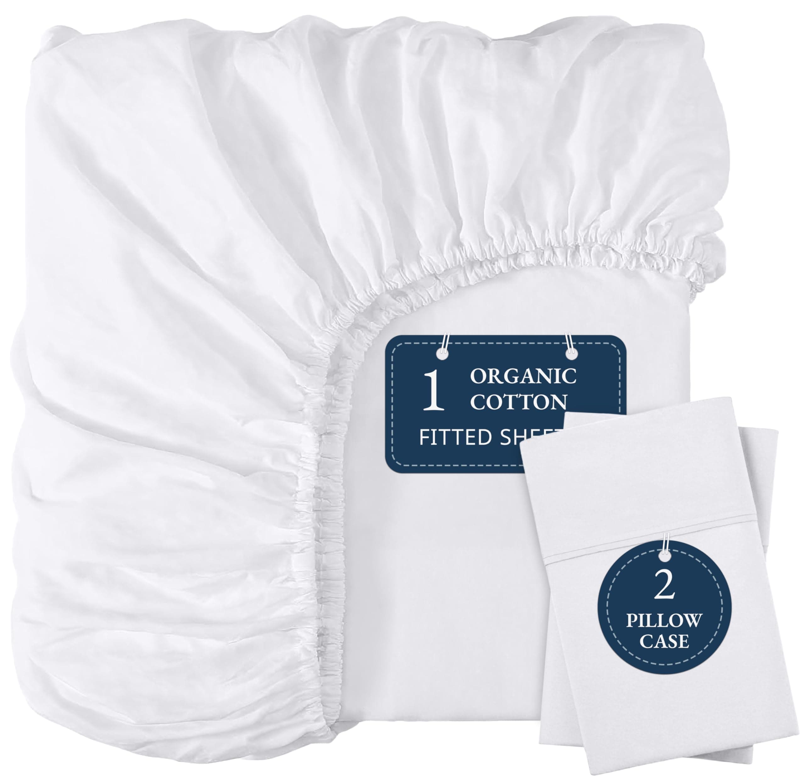 100% Organic Cotton Fitted Sheet Queen, 15" Deep Pocket Snug Fit Fully Elasticized Naturally Temperature Regulating Soft & Comfy Deep Pocket Queen - White (+Pillowcases)