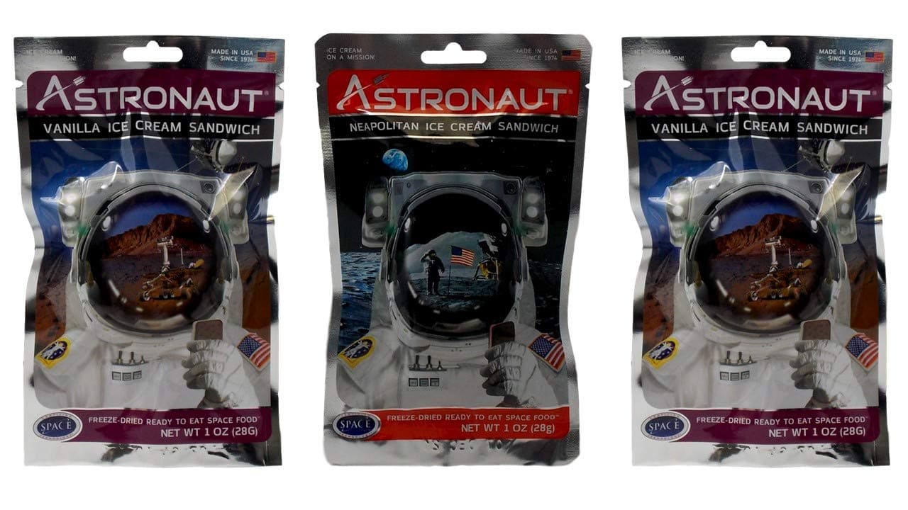 Astronaut Foods Freeze-Dried Ready To Eat Space Food Ice Cream 2 Flavor Variety Bundle: (1) Neapolitan Sandwich and (2) Vanilla Sandwich (3 Pouches)