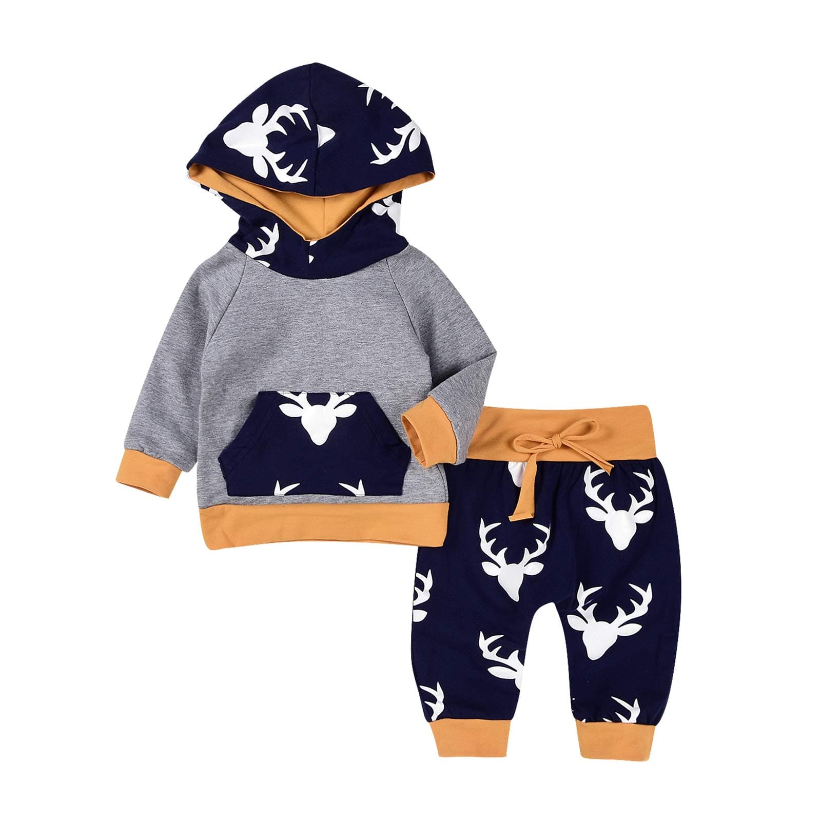 2PCs Baby Deer Print Hoodies with Pocket Top + Striped Long Pants Autumn Outfit Set
