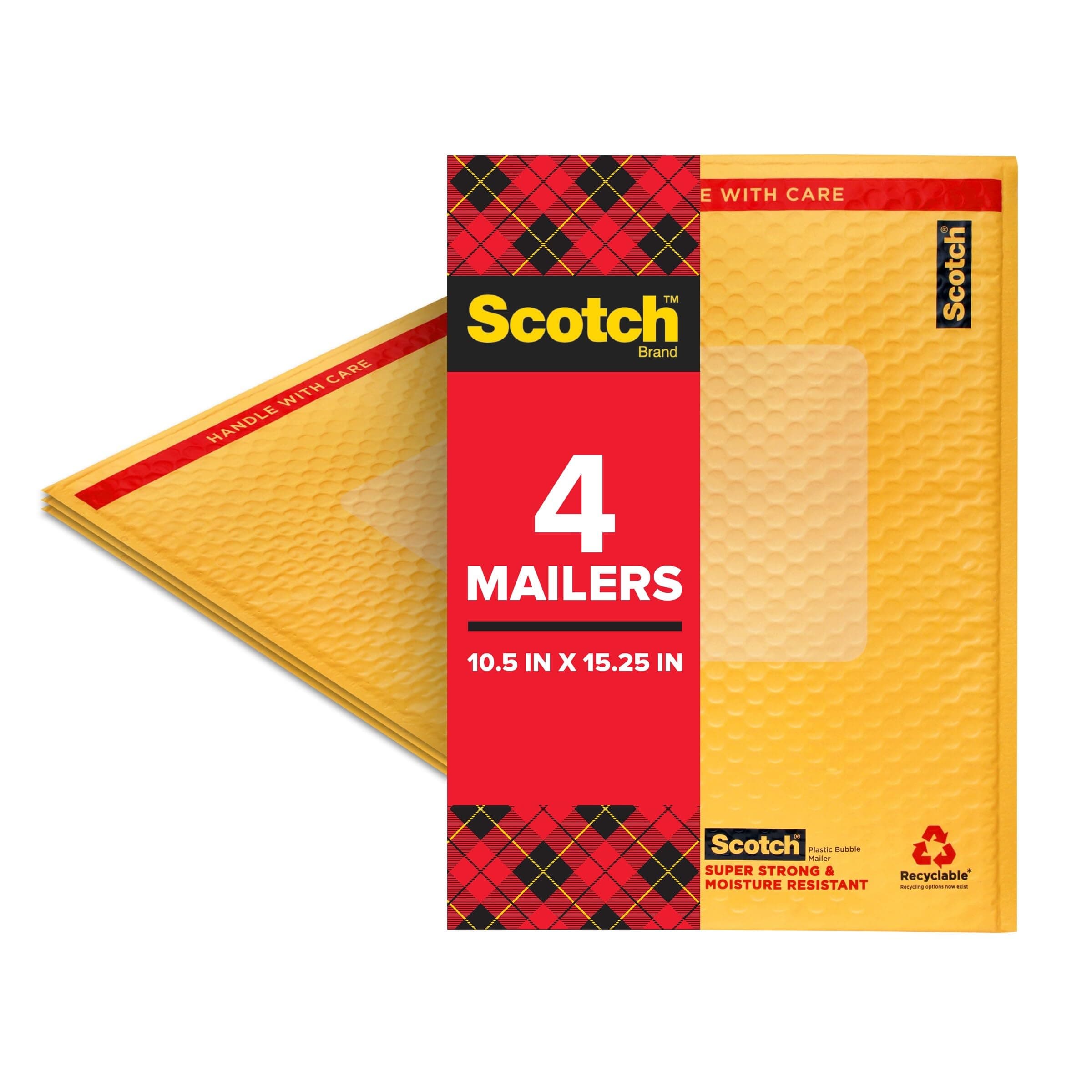 Scotch Plastic Bubble Mailer, 10.5 in x 15.25 in, Size 5, Yellow, 4-Pack