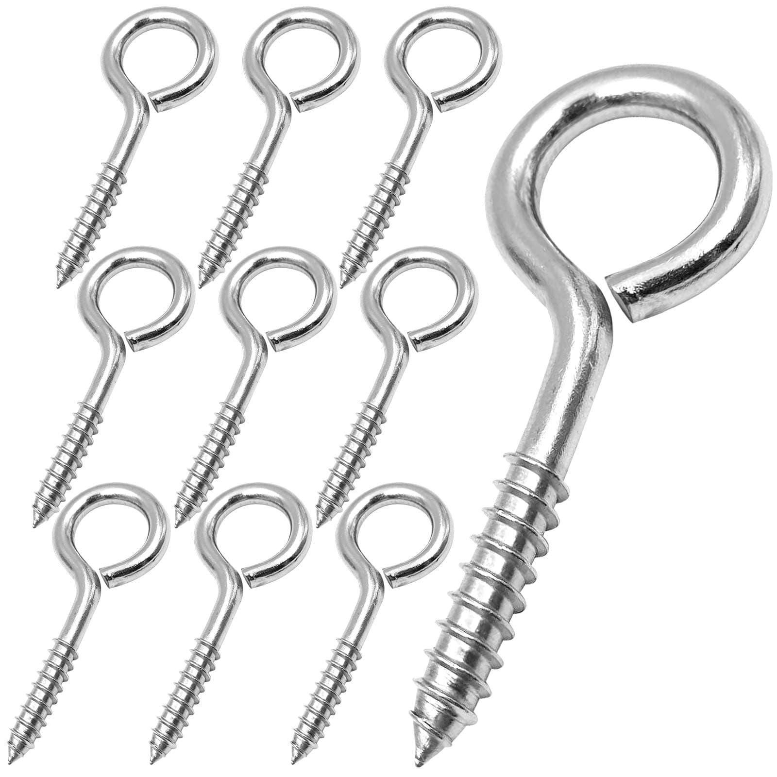 YGAOHF 2.5 Inch Heavy Duty Eye Hooks, 10 Pack Stainless Steel Eye Screws, Screw in Eye Hooks for Wood, Securing Cables Wires, Anti-Rust Self Tapping Eyelet Screw Eye Bolts for Indoor & Outdoor Use