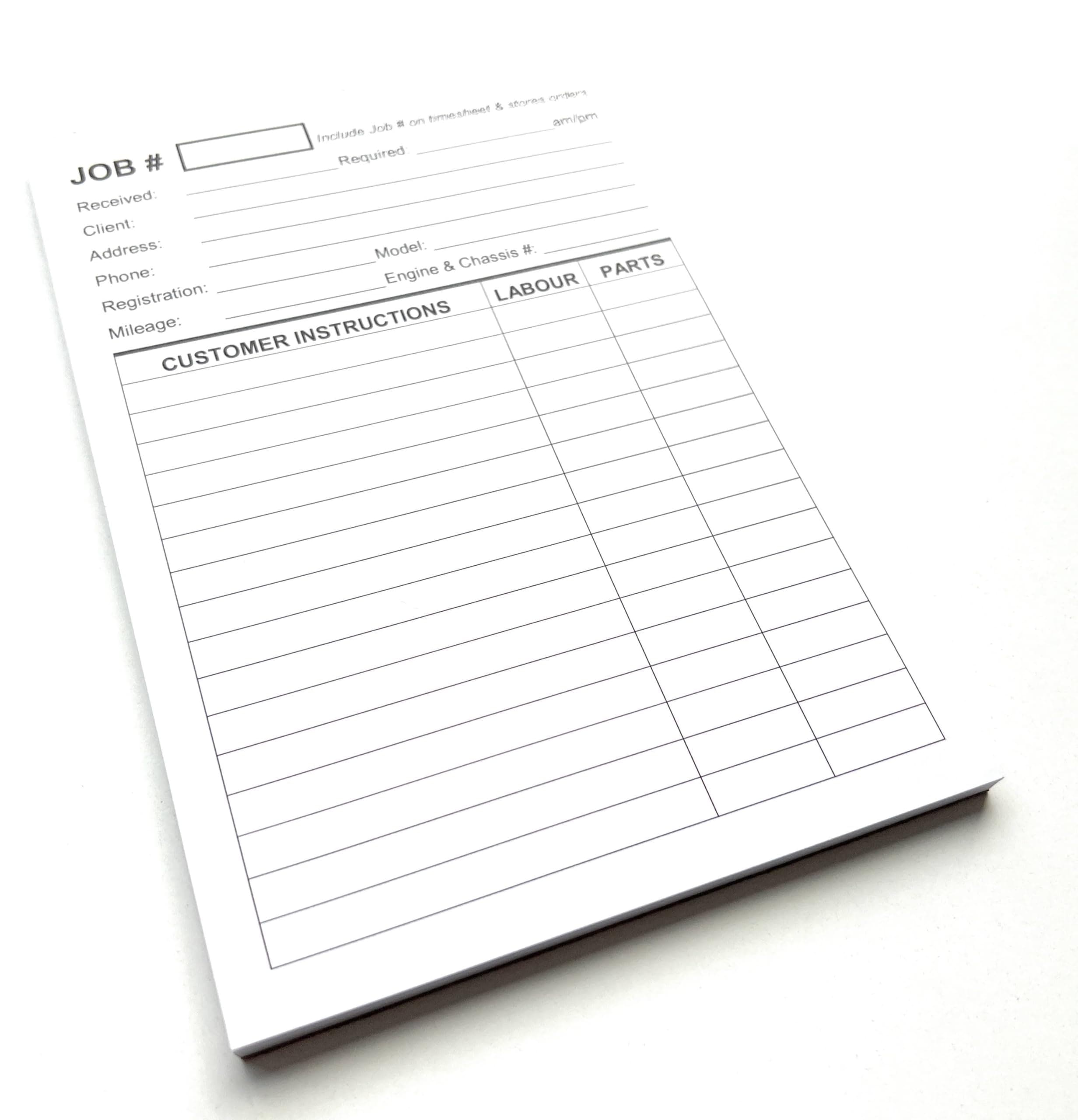 Mokuzai Garage Workshop Repair Job Card Works Cards Job Sheet Pad of 50 Cards MOT Two Sided