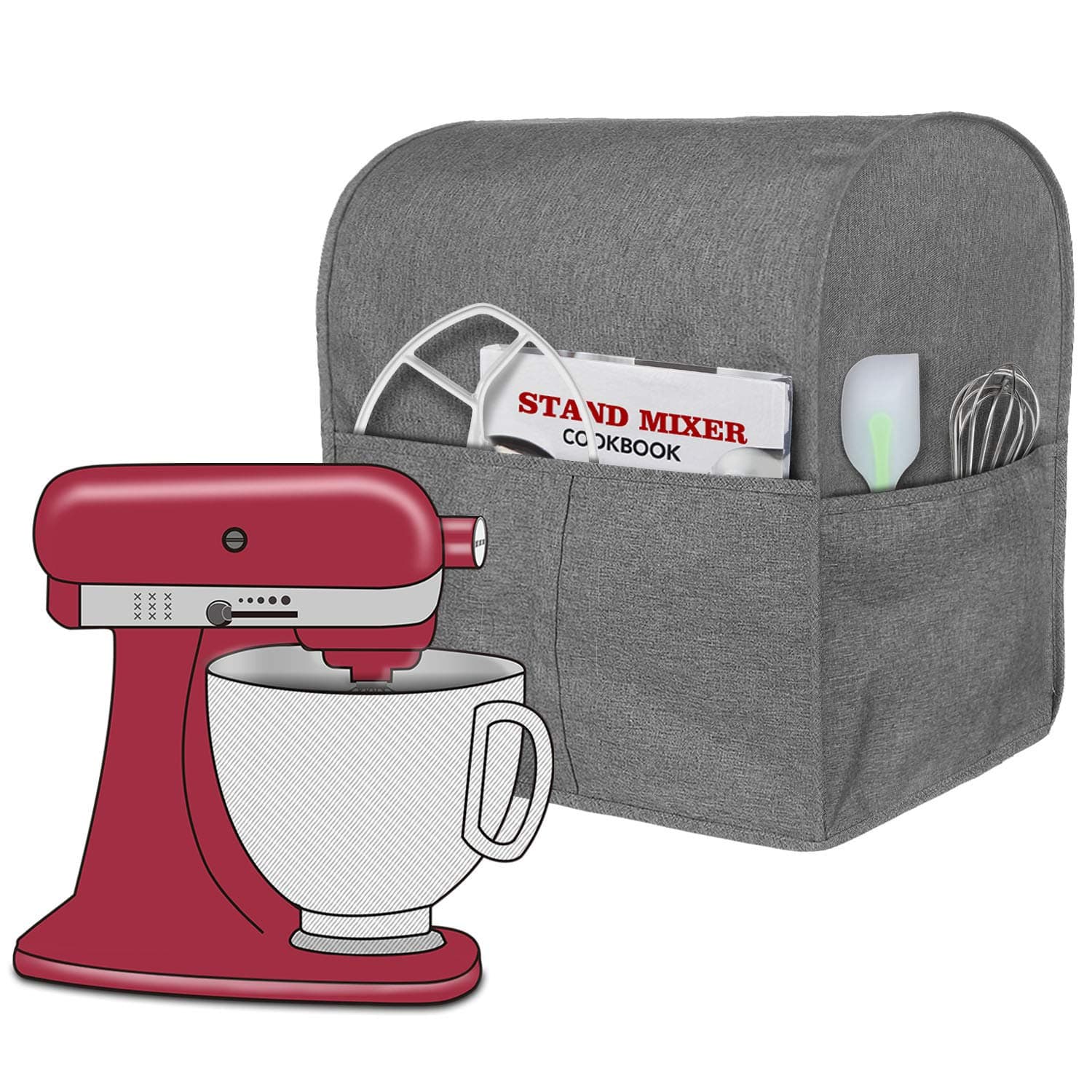 Stand Mixer Cover Compatible with Tilt Head 4.5-5 Quart KitchenAid Mixer, Cloth Dust Cover with Pocket for Extra Attachments (Gray)