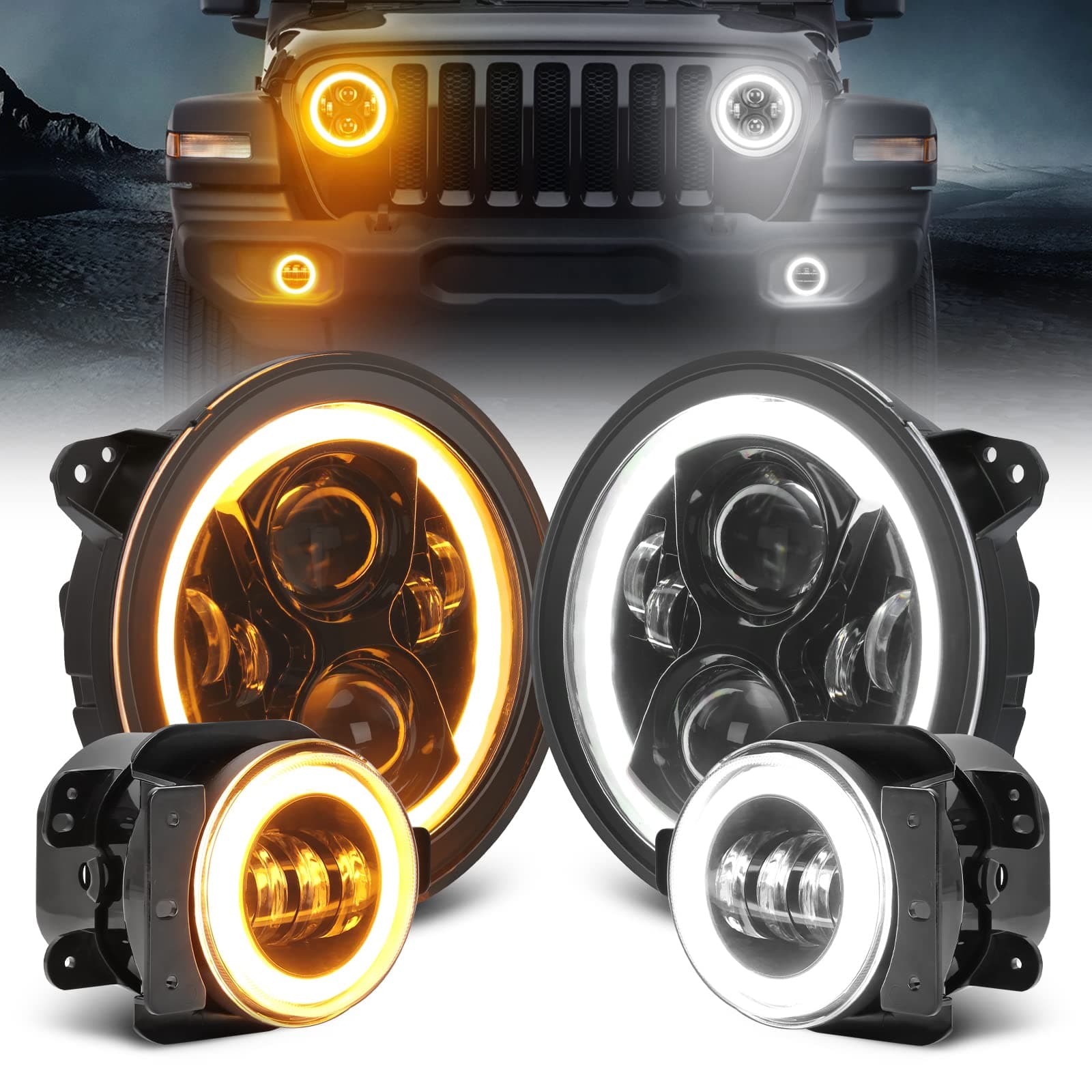 SUPAREE 9 Inch Round LED Headlights and 4 Inch Fog Lights fit for 2018-2023 Wrangler JL JLU Sahara Rubicon Gladiator JT Accessories with Integrated DRL Turn Signal Low High Beam Halo Ring, Pack of 4