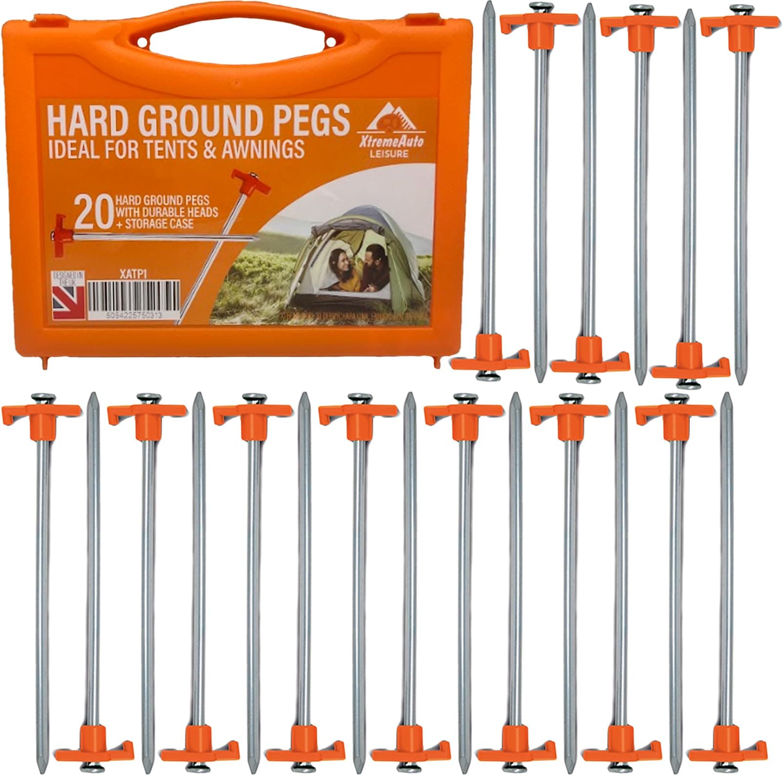 Xtremeauto Heavy Duty Tent Pegs - 20 Steel Ground Stakes for Tent, Awning & Tarpaulin - Extra Long Rock Ground Pegs with Storage Case - Flat Top