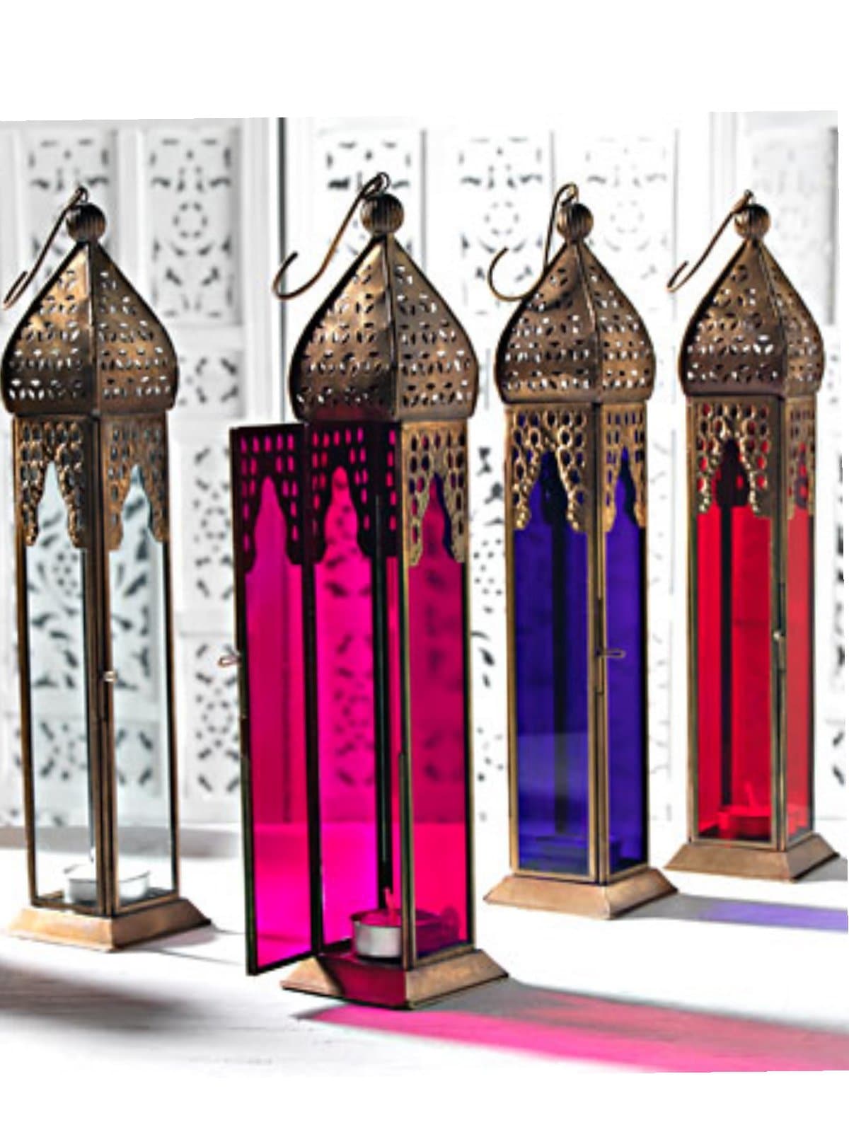 Moroccan style Tall glass lantern 4 shades Fair Trade (Red)