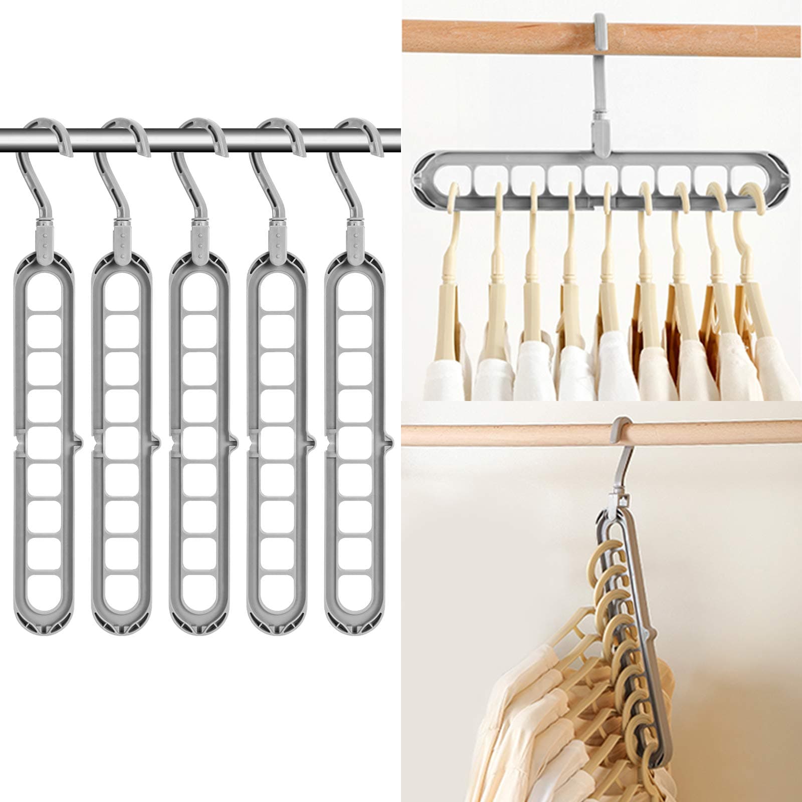 Emooqi 10PCS Coat Hangers Space Saving, Magic Hangers Closet Space Saving, Innovative Design Foldable Storage Coat Hangers with 9 Holes 360º Swivel for Drying, Storage, University, Family, Apartment