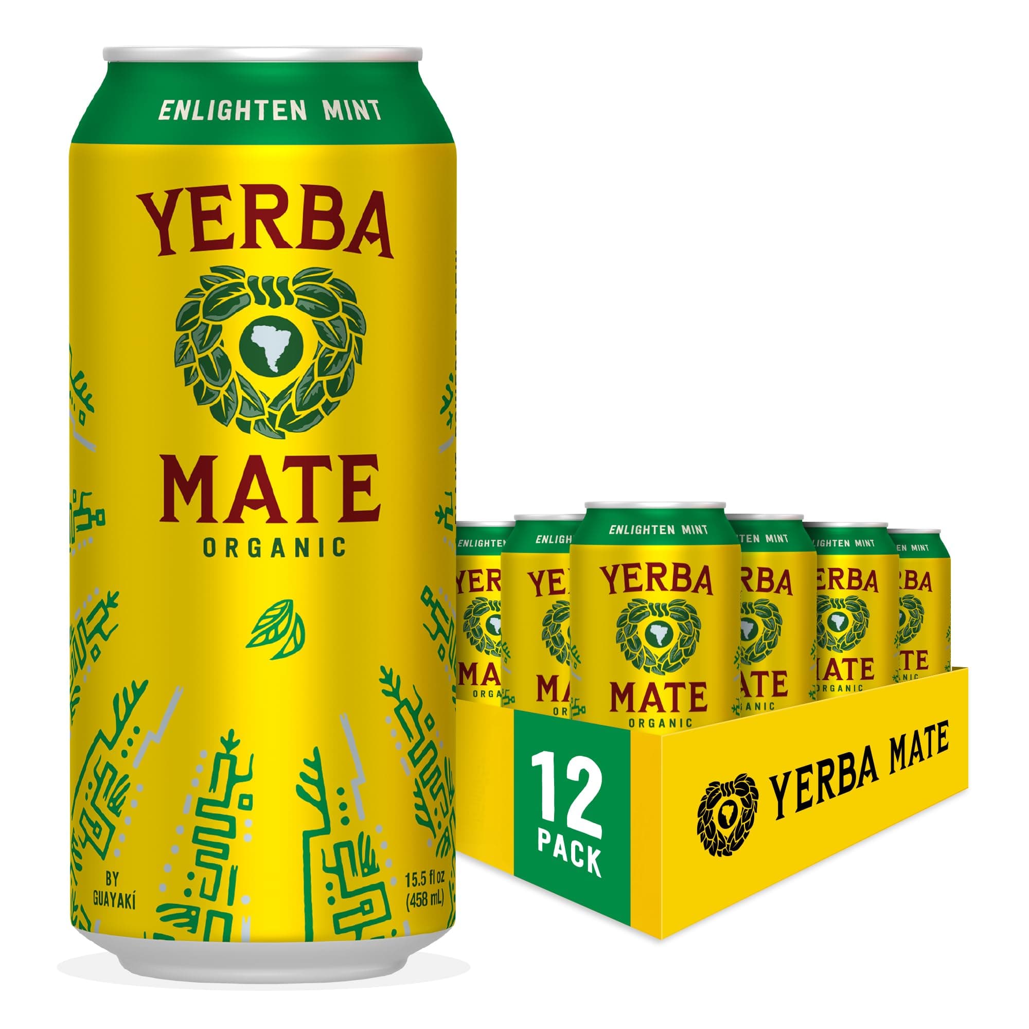 Yerba Madre Organic Yerba Mate, Enlighten Mint, 150mg Natural Caffeine, Energy Drink Alternative, No Jitters or Crash, 15.5 Oz Cans (Pack of 12)