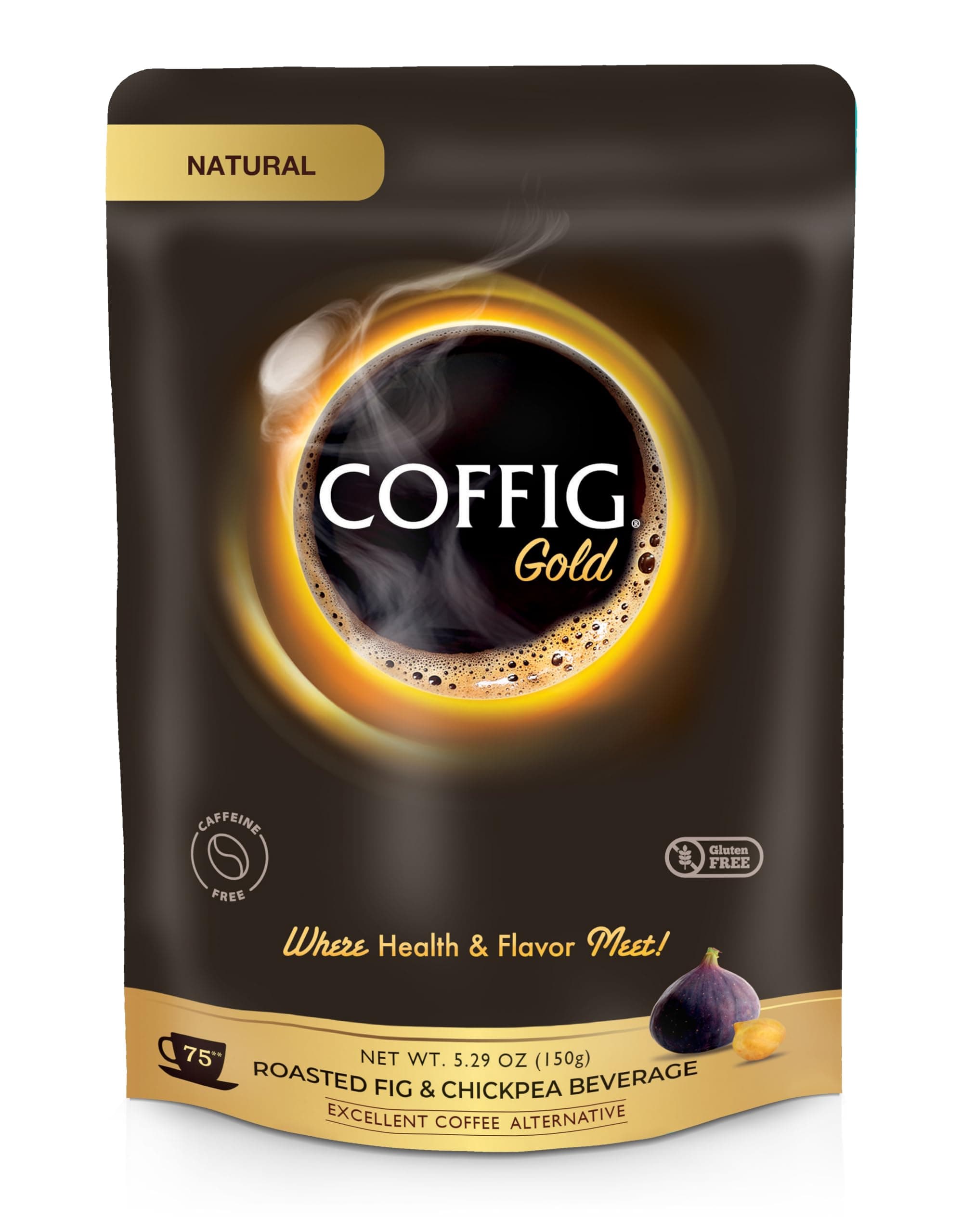 Coffig Gold - Coffee Substitute & Alternative - Roasted Fig & Chickpea Coffee - Caffeine Free Herbal Energy Drink & Healthy Beverage for Men & Women - Keto & Vegan Friendly - 5.29oz (150g)