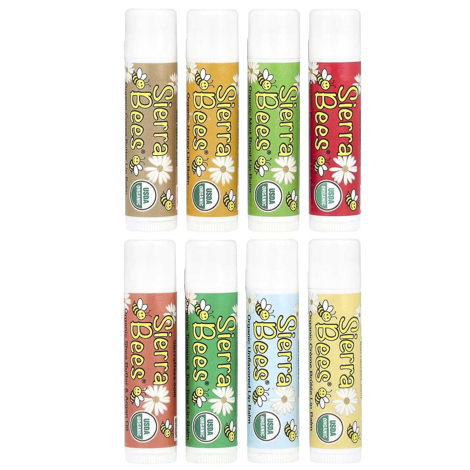 Organic Lip Balm - Variety 8 Pack by Sierra Bees - Cocoa Butter, Honey, Mint Burst, Pomegranate, Shea Butter & Argan Oil, Tamanu & Tea Tree, Unflavoured and Vanilla