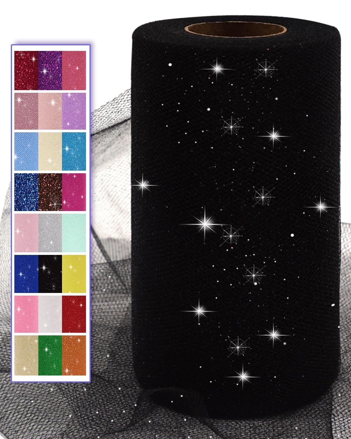 Black Glitter Tulle Fabric Rolls, 6 Inch 50 Yards (150ft) Sparkling Spool Ribbon Sequin Netting for Tutu Skirt Gift Wrapping Wedding Party Decoration (Black)