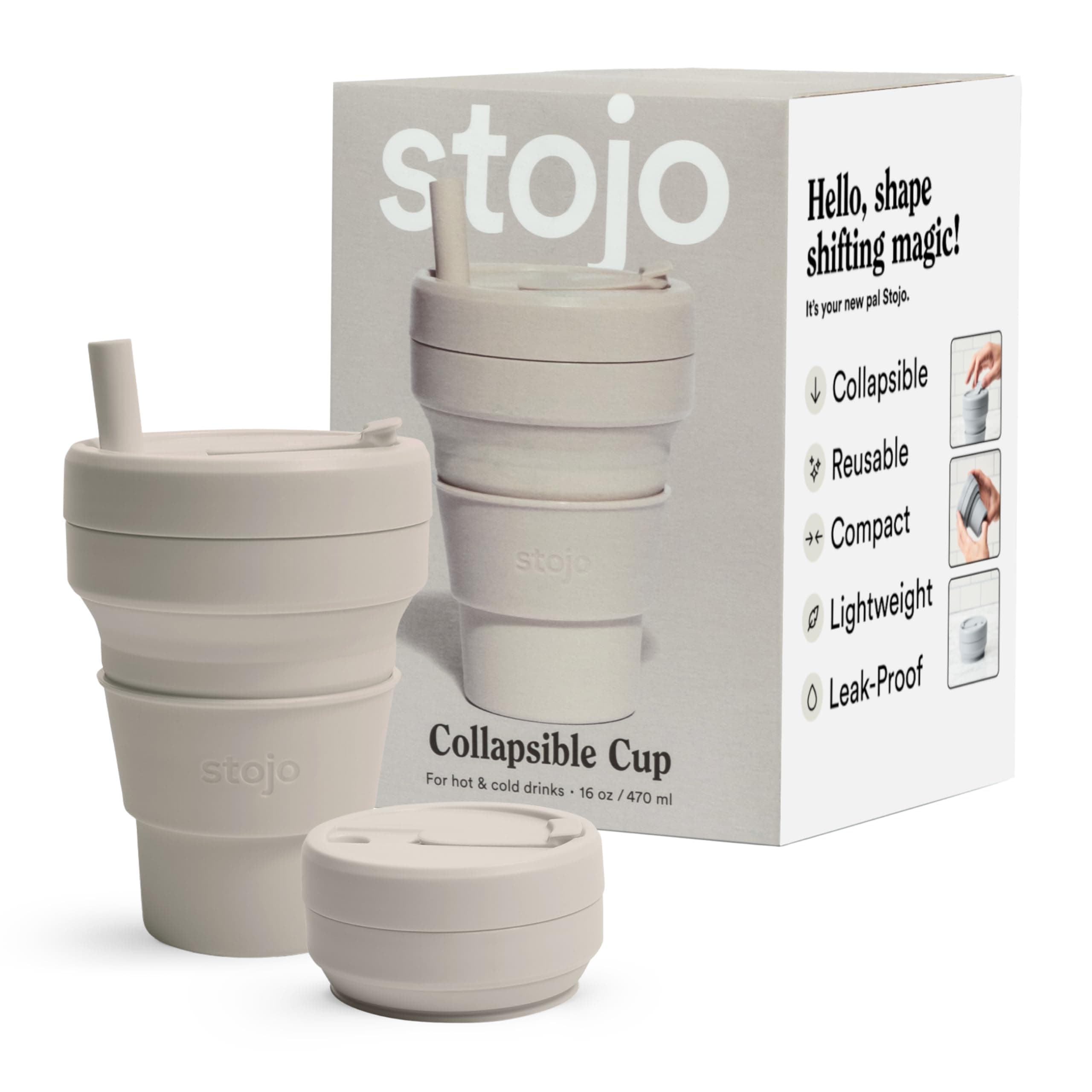 STOJO Collapsible Travel Cup - Reusable To-Go Pocket Size Silicone Bottle for Hot and Cold Drinks - Perfect for Camping - Microwave & Dishwasher Safe (Oat, 16 Ounce (Pack of 1))