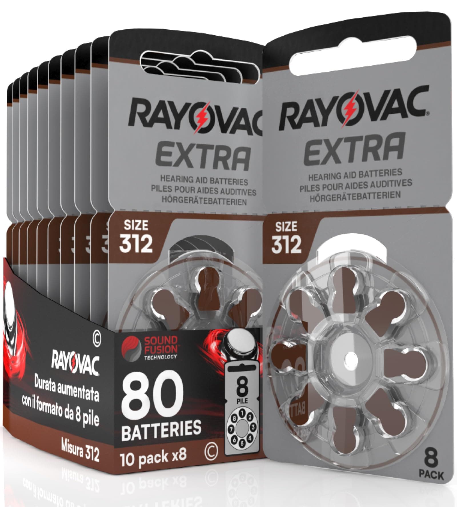 80 Hearing Aid Batteries Size 312 Rayovac Extra PR41 (Brown) Zinc-Air with Sound Fusion Technology - 10 Blisters of 8 Batteries