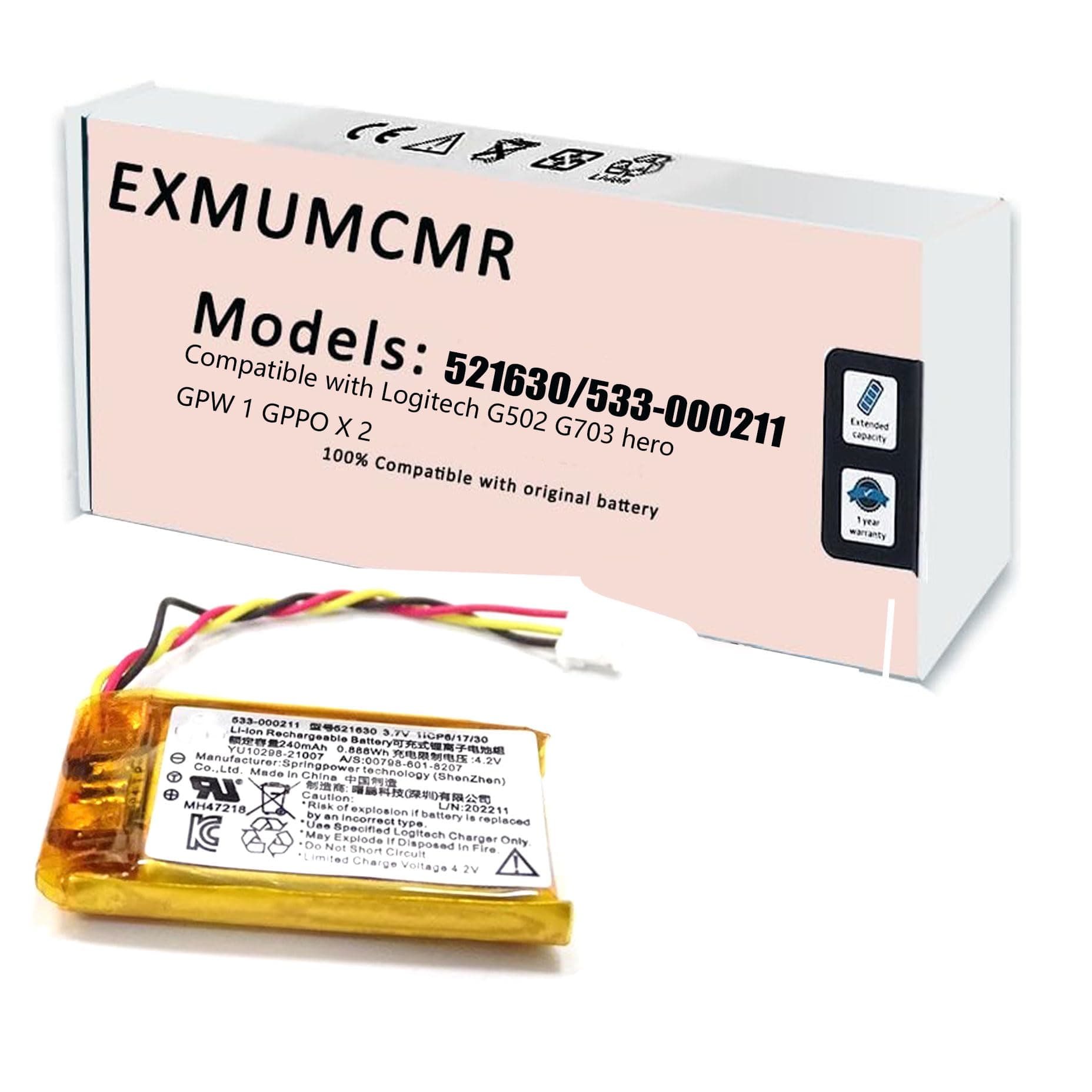 533-000151 533-000211 521630 Battery Replacement for Logitech 533-000069, A-00031, G Pro Wireless, G304, G502, G703 GPW 1 Lightspeed, MX Vertical, UE310, UE3500, UE4500, Wireless Headset H600