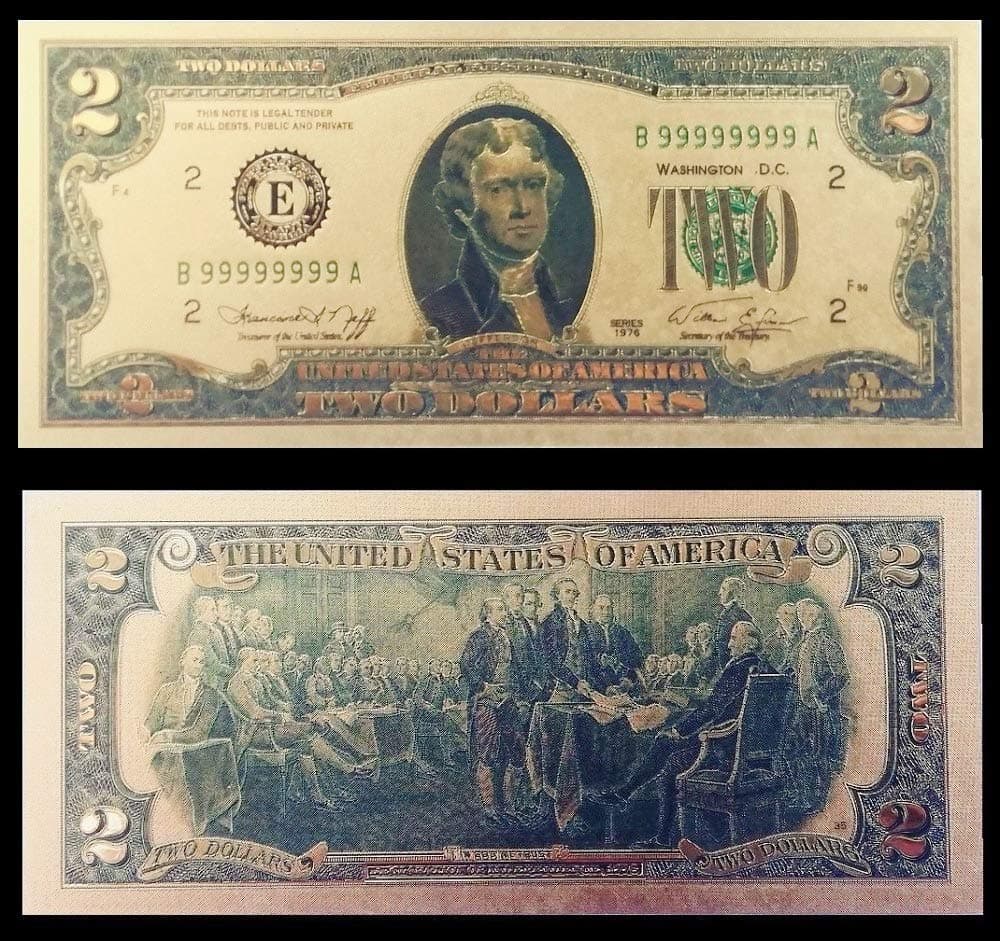 Beautiful COLOURISED 24K Gold Plated Embossed $2 Bill Dollar BANKNOTE