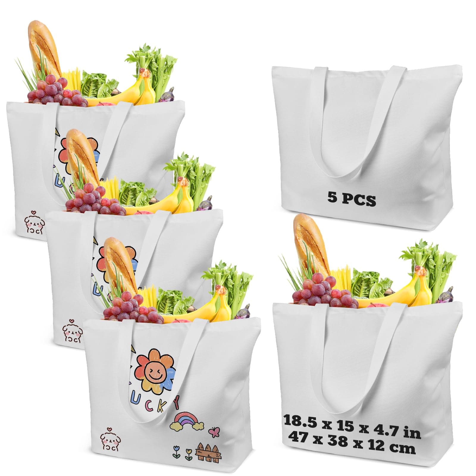 5 Pack Sublimation Tote Bags Blanks,12oz Heavy-Duty 100% Polyester with Zipper, Long Handles (18.5"x15"x4.7"), Reusable for DIY, Heat Transfer, Gym, Travel, Business Branding