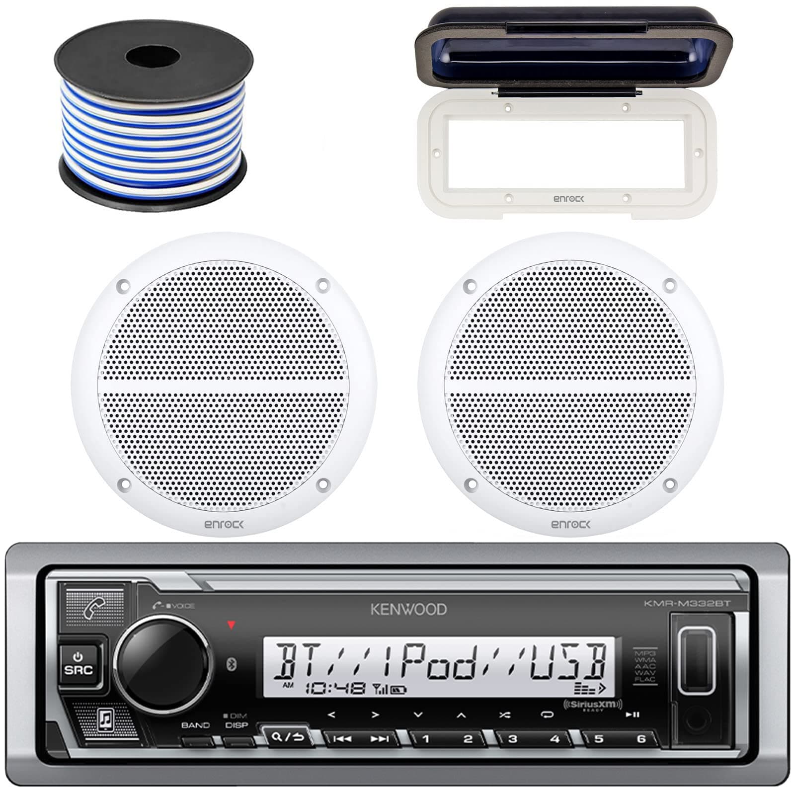 KenwoodMarine Bluetooth Radio In-Dash Boat Audio Receiver Bundle with Pair of Enrock 6.5" Dual-Cone Stereo Speakers, Stereo Waterproof Cover, 18g 50ft Marine Speaker Wire (White)