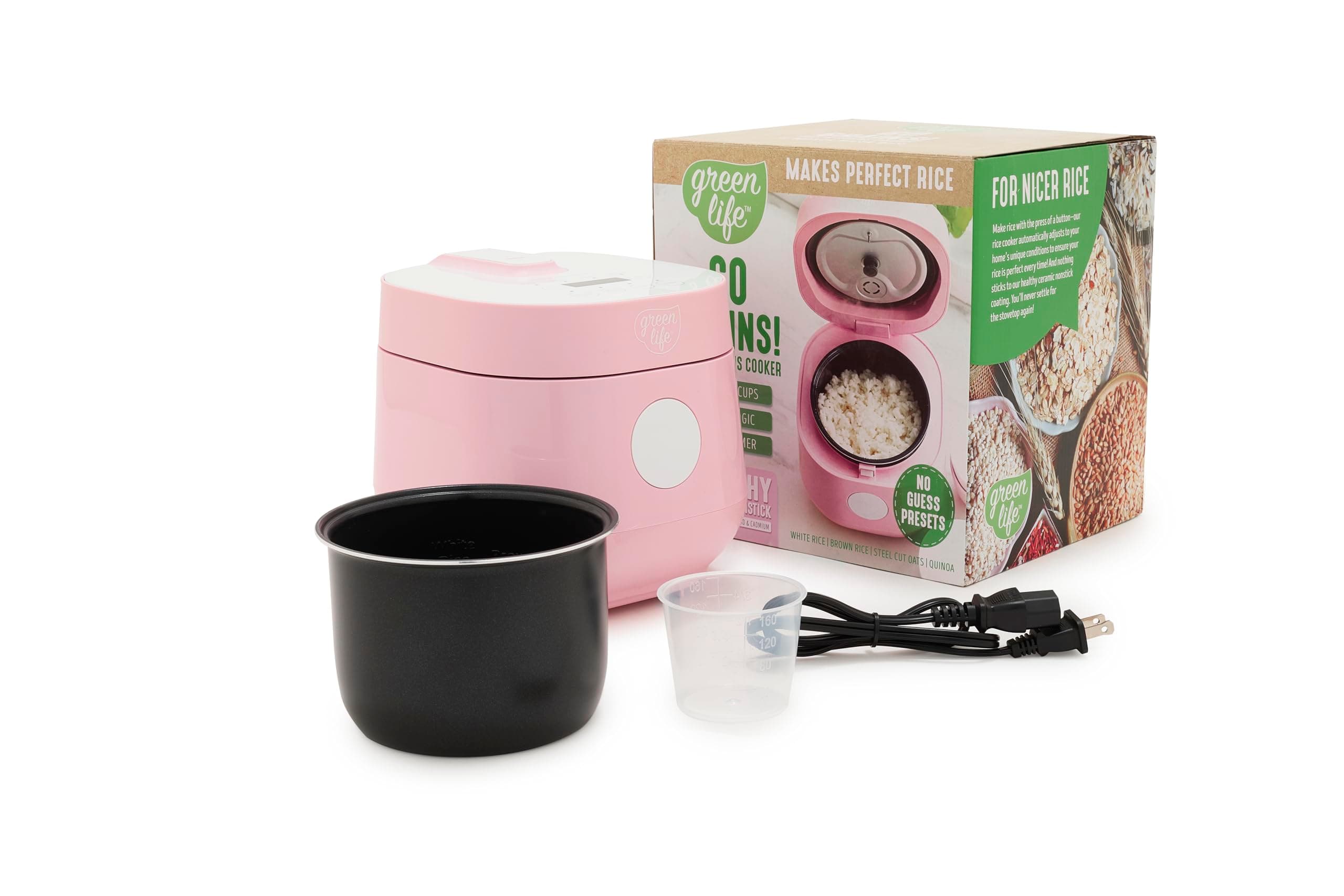 GreenLife 4-Cup Digital Rice Cooker, PFAS & PFOA-Free Removable Ceramic Dishwasher Safe Pot, Healthy Cooking Oats Grains & More, Auto Presets, Touch-screen, Delay & Keep Warm, Paddle Included, Pink