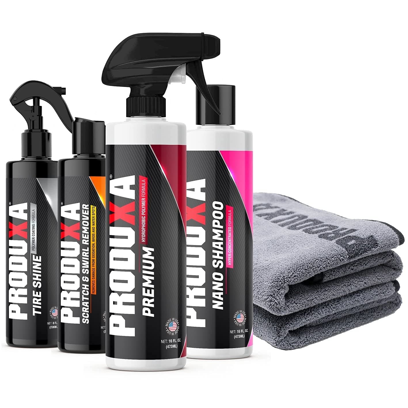 PRODUXA Premium Essential Detailing Kit - 16oz Premium, 16 oz PH Balanced Shampoo, 8oz Tire Shine, 8oz Scratch & Swirl Remover, & 3 Premium Microfiber Towels