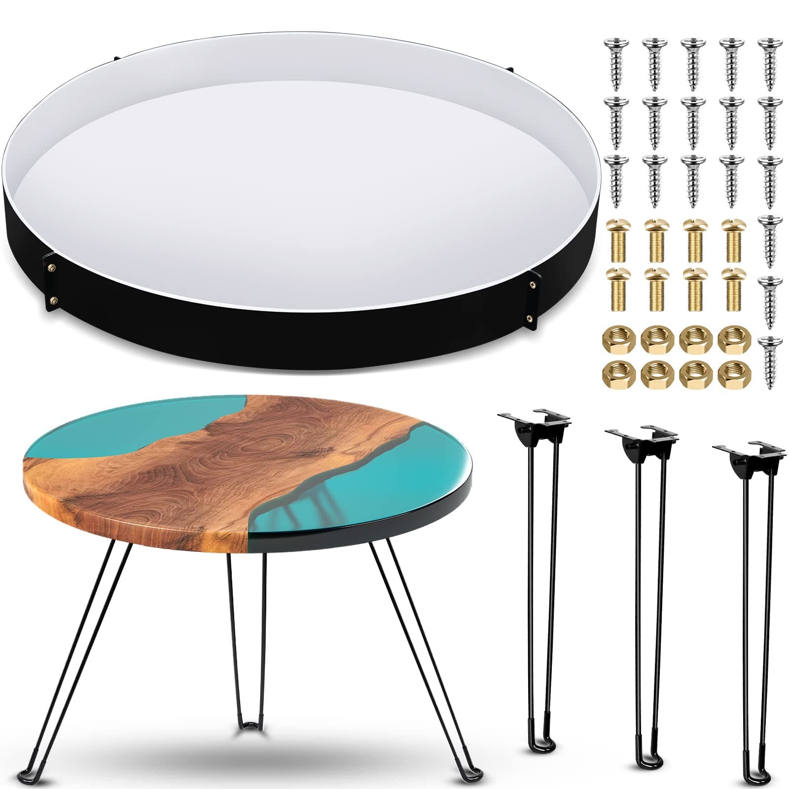 Lallisa 24 Inch Extra Large Resin Table Molds Round Epoxy Resin Molds Set with Metal Frame 3 Hairpin Legs for Table Epoxy Resin Table Mold Epoxy Table Mold for Charcuterie Board River Table DIY Art