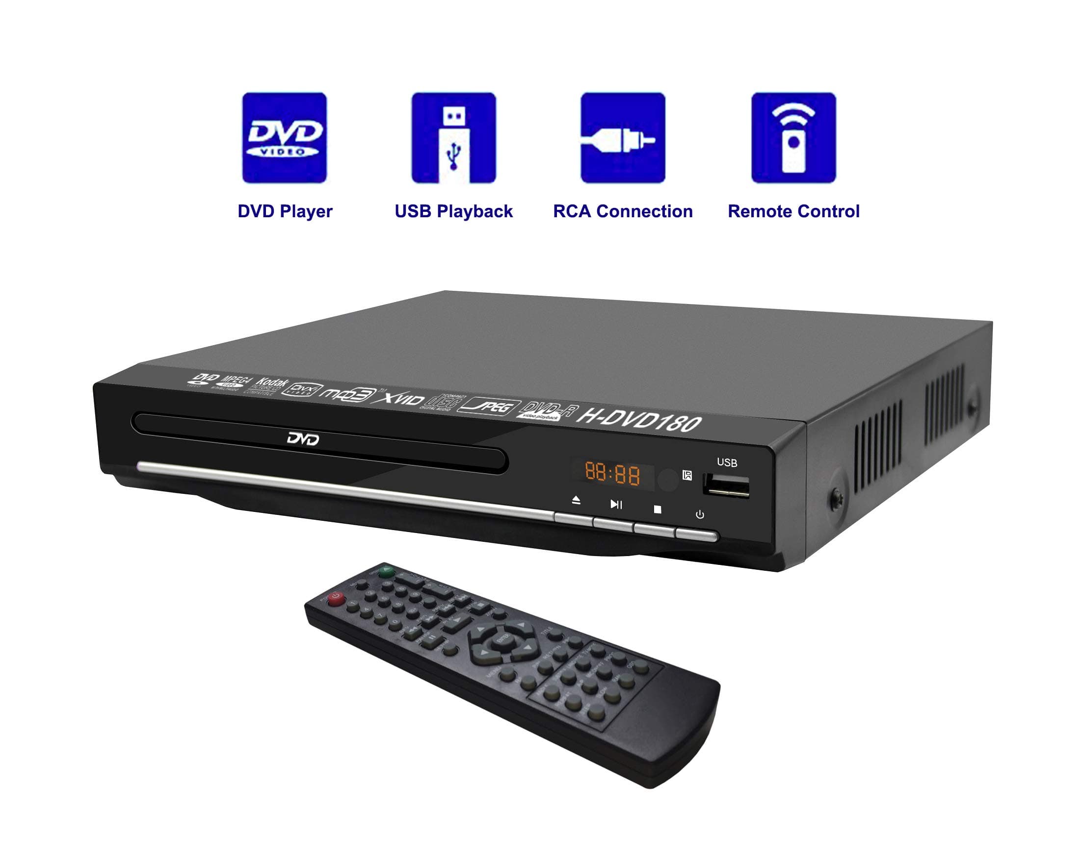 Compact DVD Player, Multi Region DVD Players for TV - Region Free Digital Player Multi- Format playability USB Port, RCA (Black1)