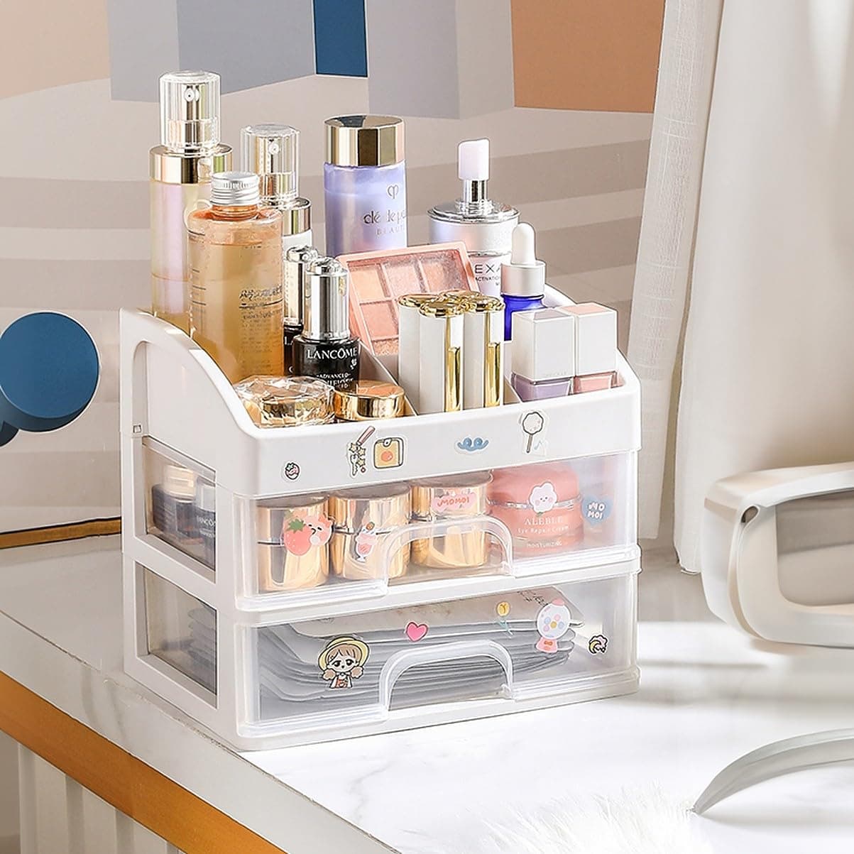 wolpin 3 Layers Makeup Organiser With Stickers 2 Drawers Dressing Table Cosmetic Lipstick Stationery Storage Box Skin Care Products For Bathroom, Plastic;Polycarbonate, White