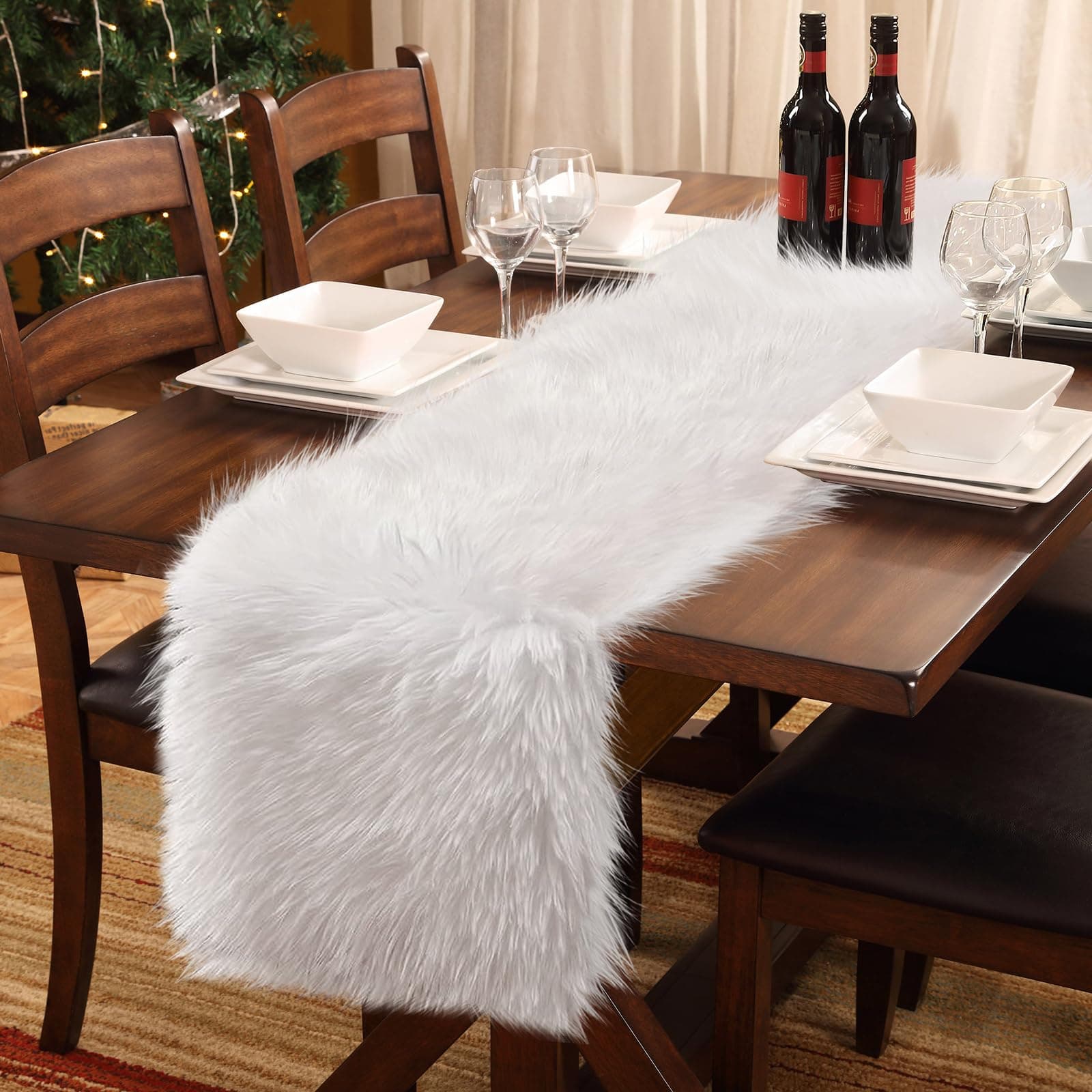 yuboo Fluffy Desser Runners for Bedroom, White Chrismtas Table Runner Furry Fur Touch for Dresser Cover Top, Faux Fur Table Runner for Coffee Table, Living Room 14 x 72 Inches