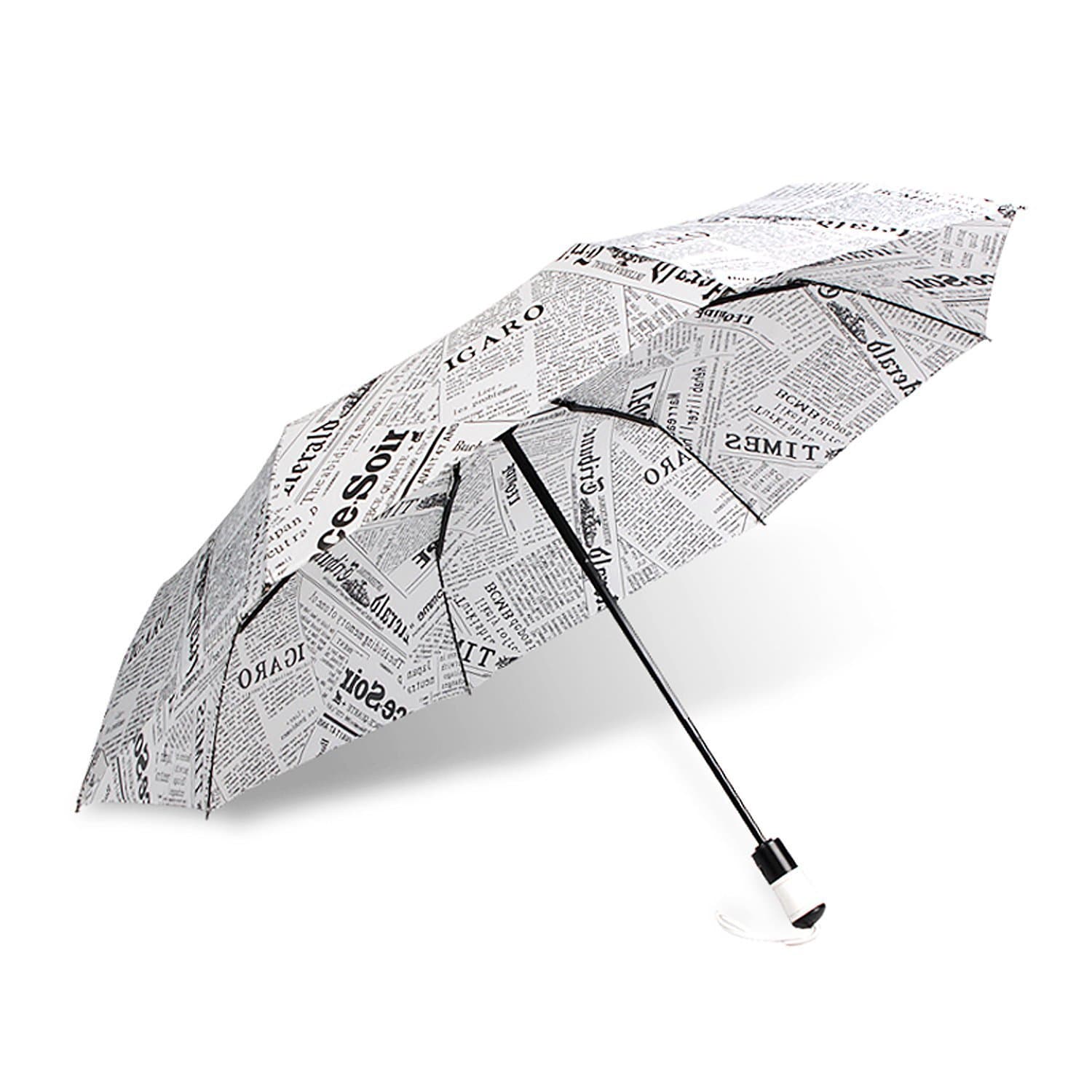 Fashion Automatic Folding Travel Umbrella Print Retro Newspaper Uv Protection (White)