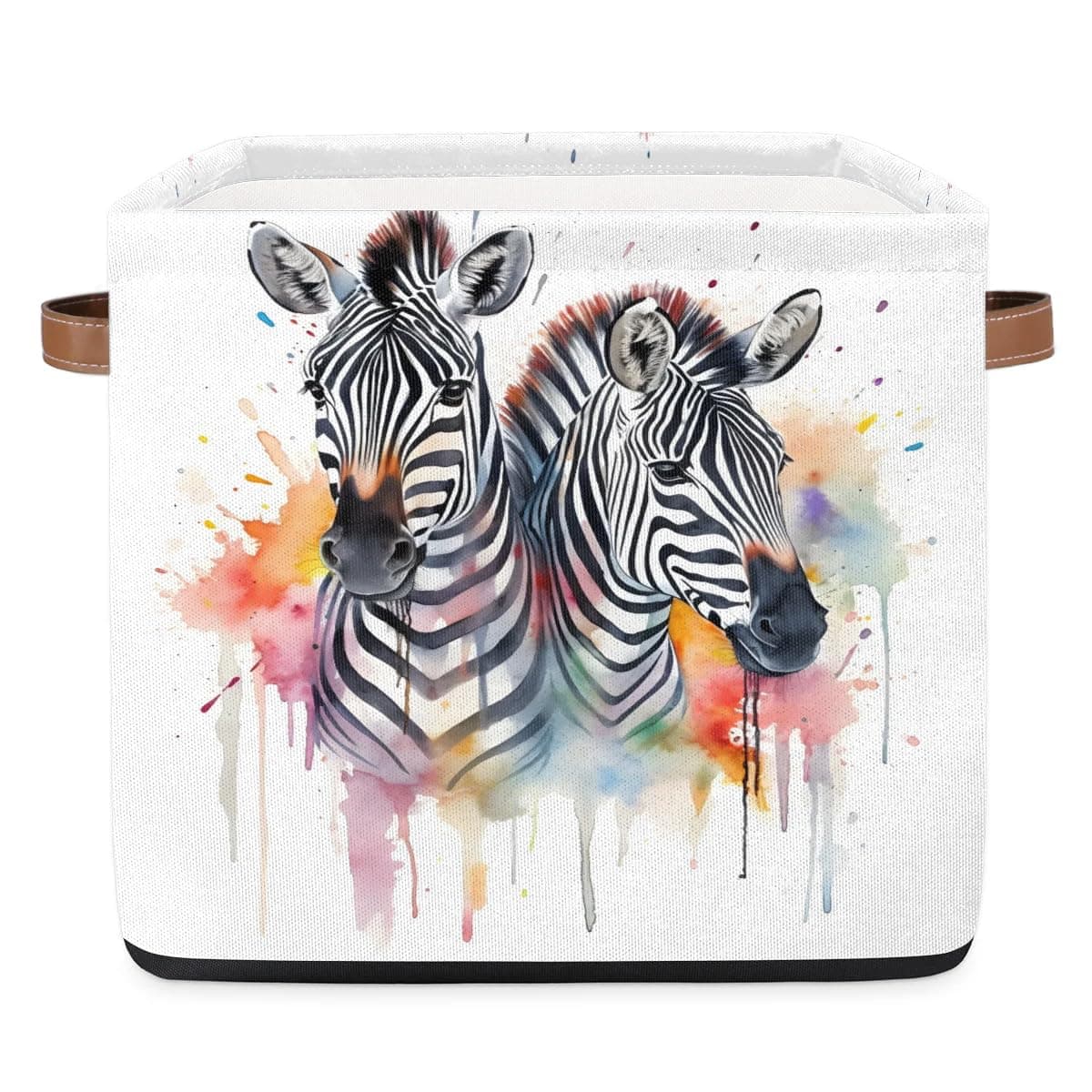 Watercolor Zebras Storage Basket 13*13*13 Inch Collapsible Storage Bins Foldable Storage Box Bins with Handles For Clothes Kitchen Living Room Storage