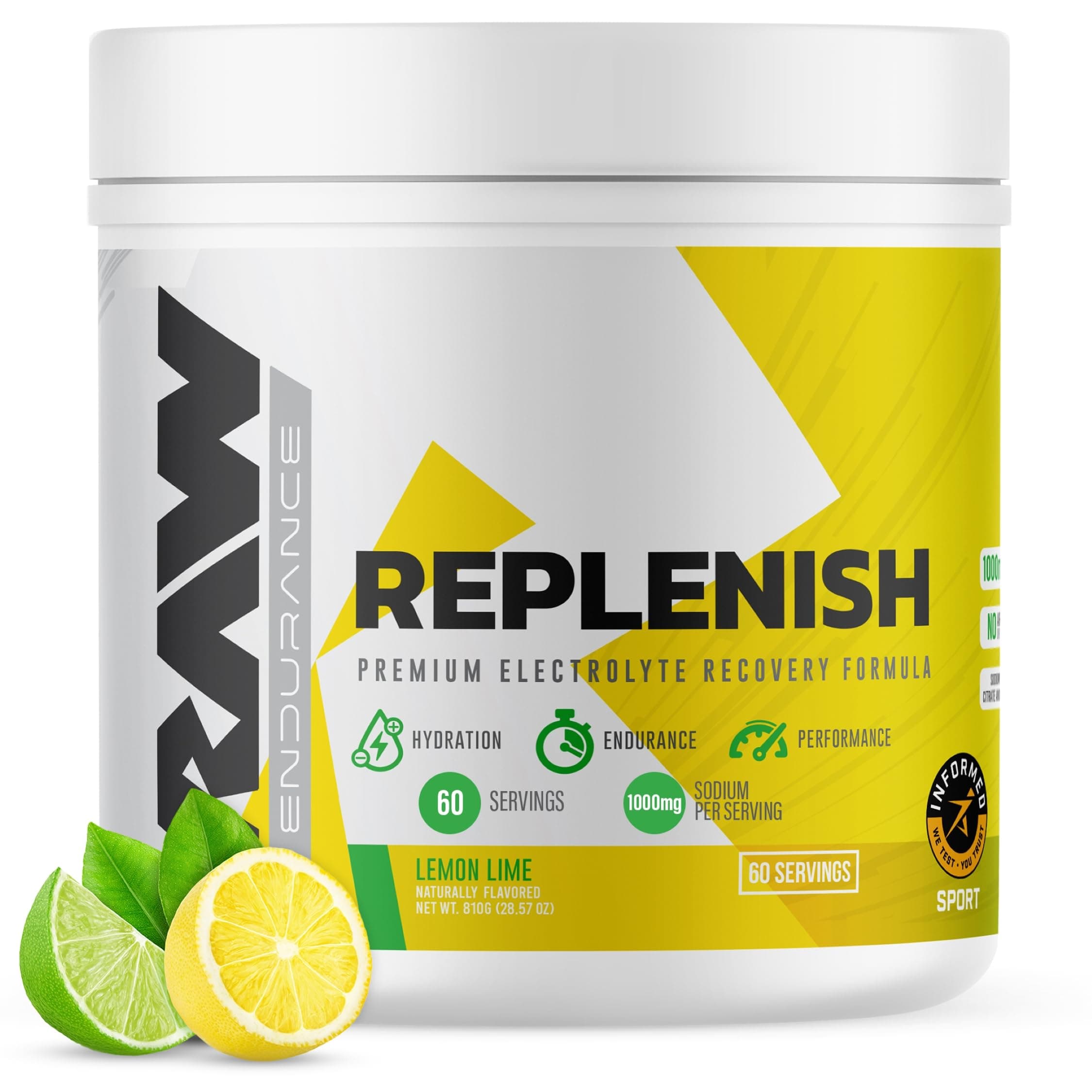Replenish, Premium Electrolytes Powder Recovery Formula - Flavored Electrolyte Drink Mix Supplement for Hydration, Replenishment, Endurance & Performance (60 Serving, Lemon Lime)