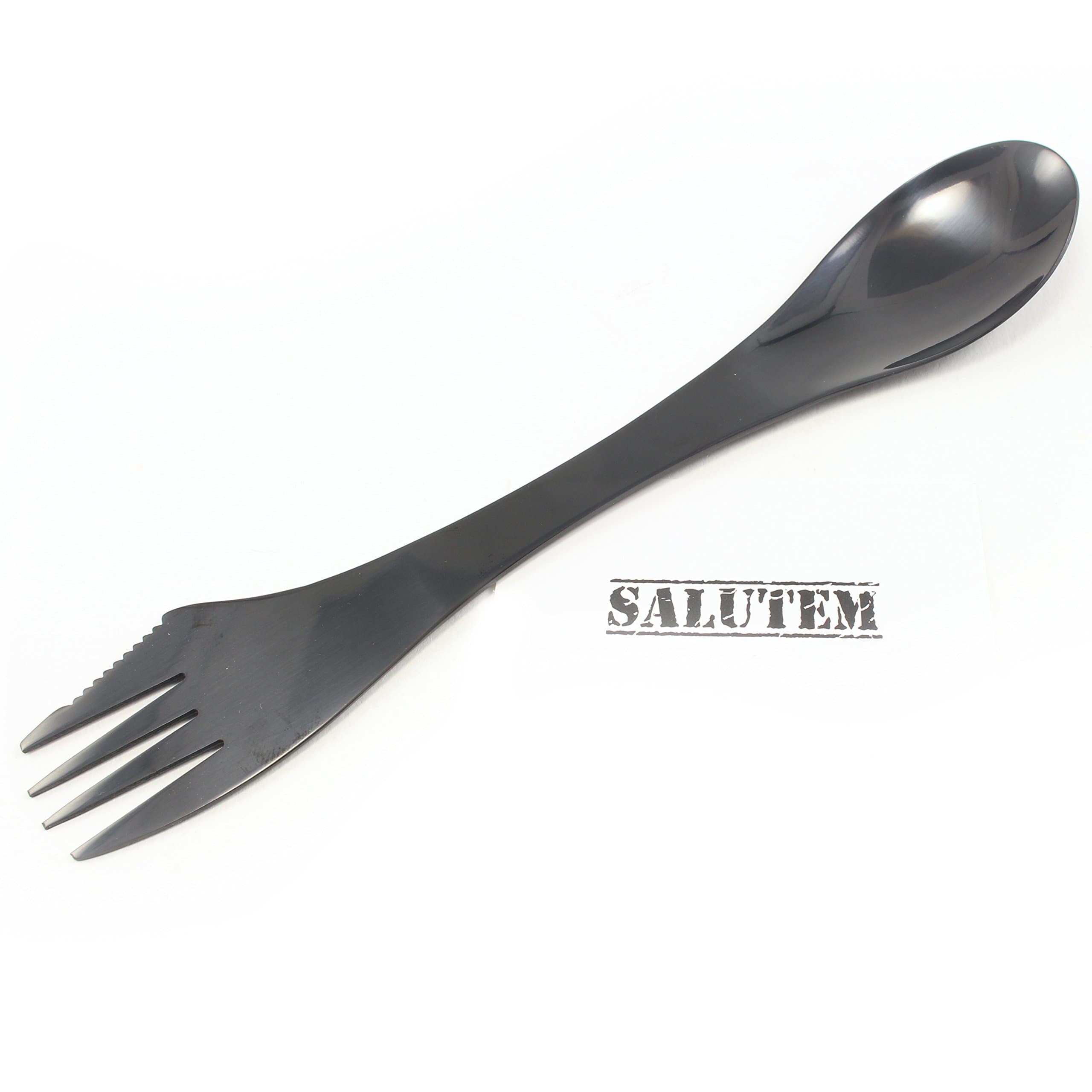 Salutem Spork. This piece of flatware is lite weight, durable,and has the features of all 3 pieces of table ware. Perfect for camping, backpacking, hunting and family outings.