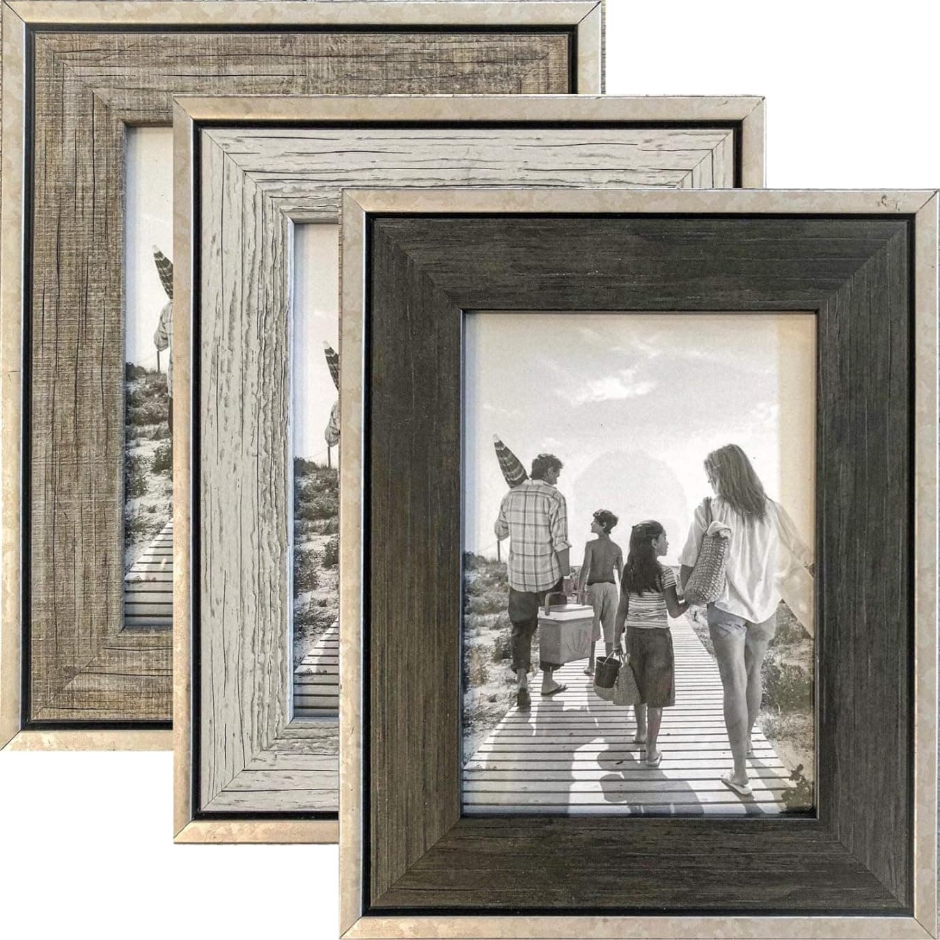 Tasse Verre 5x7 Rustic Picture Frames 3-Pack, Distressed Farmhouse-Style Table Frame, Brushed Industrial Silver Metal Look Frame with Wood Looking Insert, Ready-to-Hang Hooks.