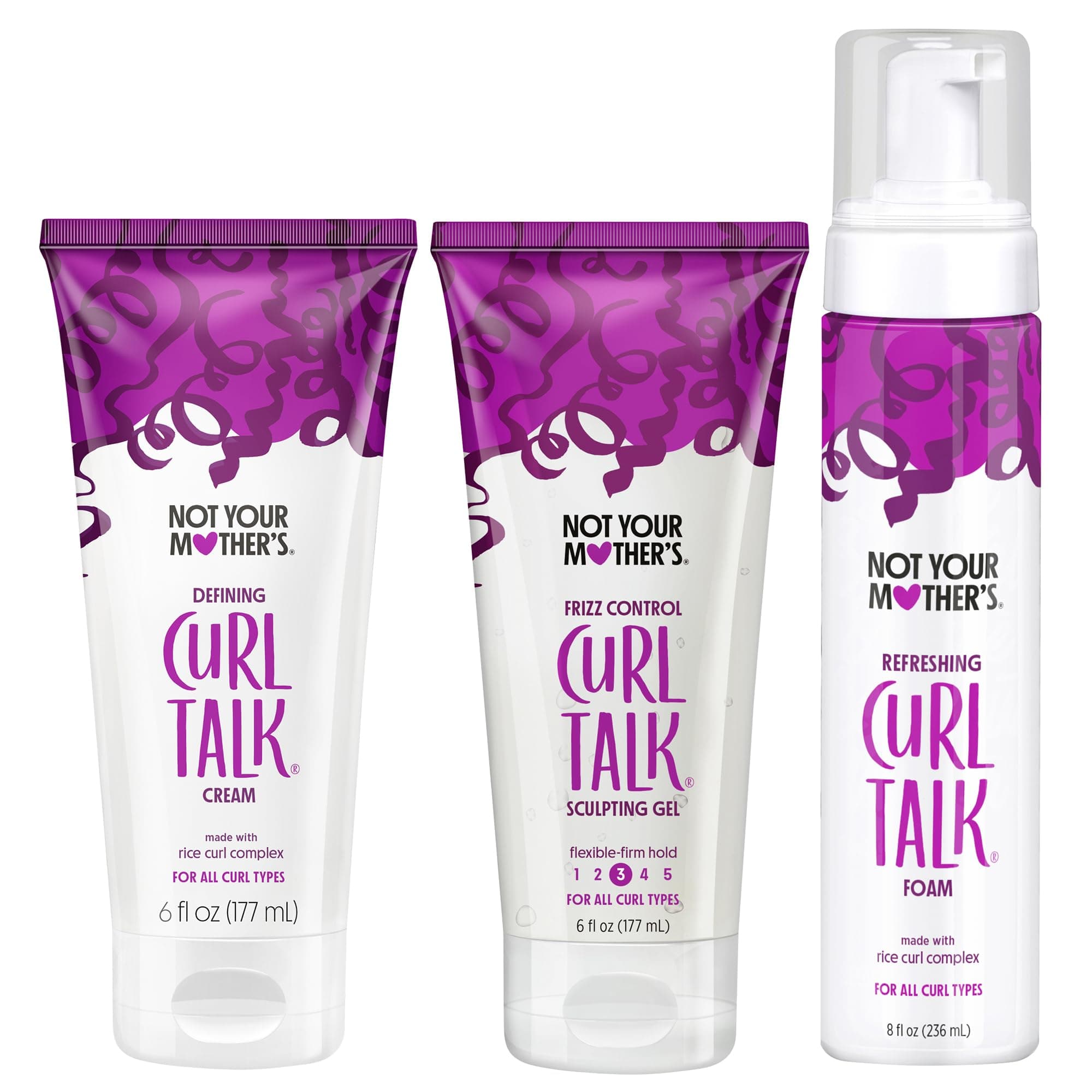 Curl Talk Frizz Control Sculpting Gel, Defining Cream, and Refreshing Curl Foam (3-Pack) - 6 and 8 fl oz - Formulated with Rice Curl Complex - For All Curly Hair Types