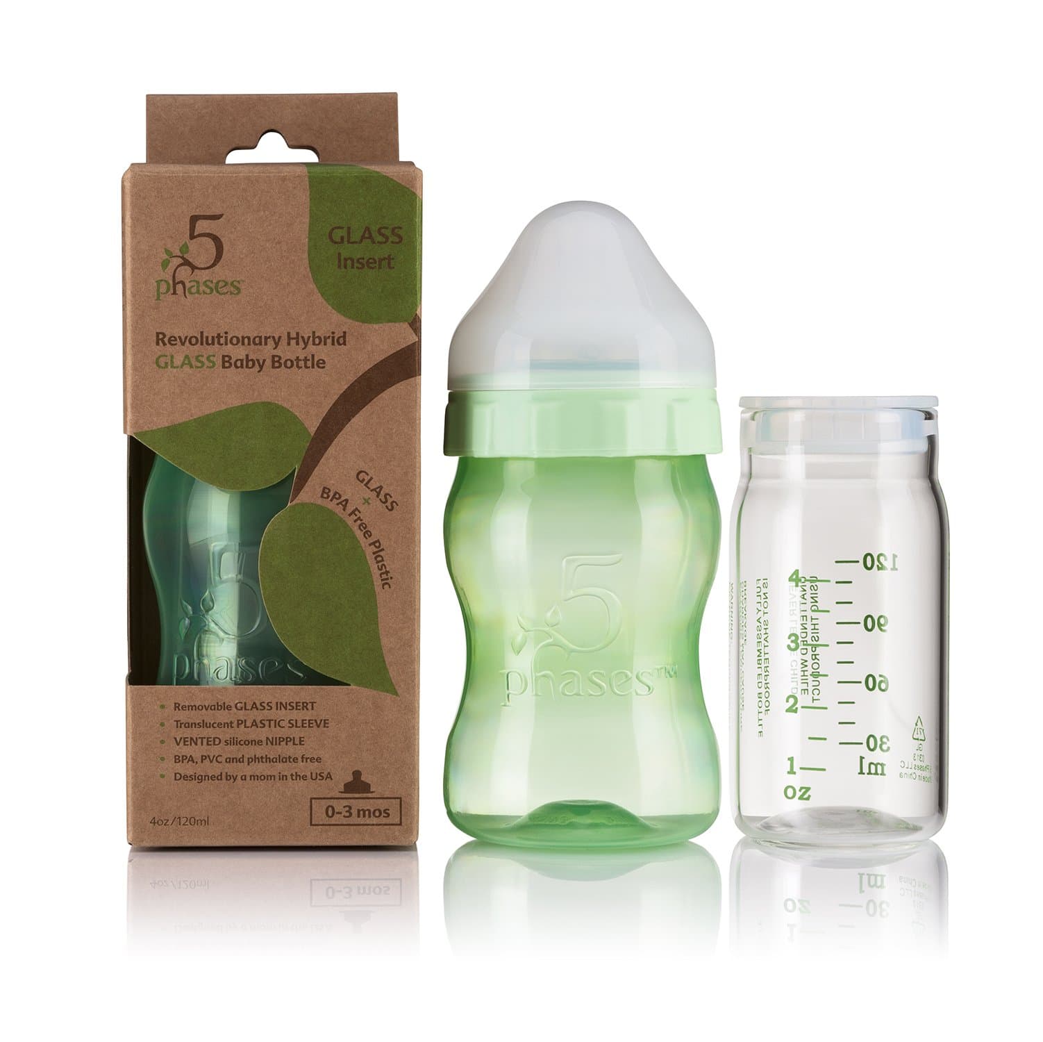 5 Phases Fully Assembled Hybrid Glass Baby Bottle, Green, 4 Ounce