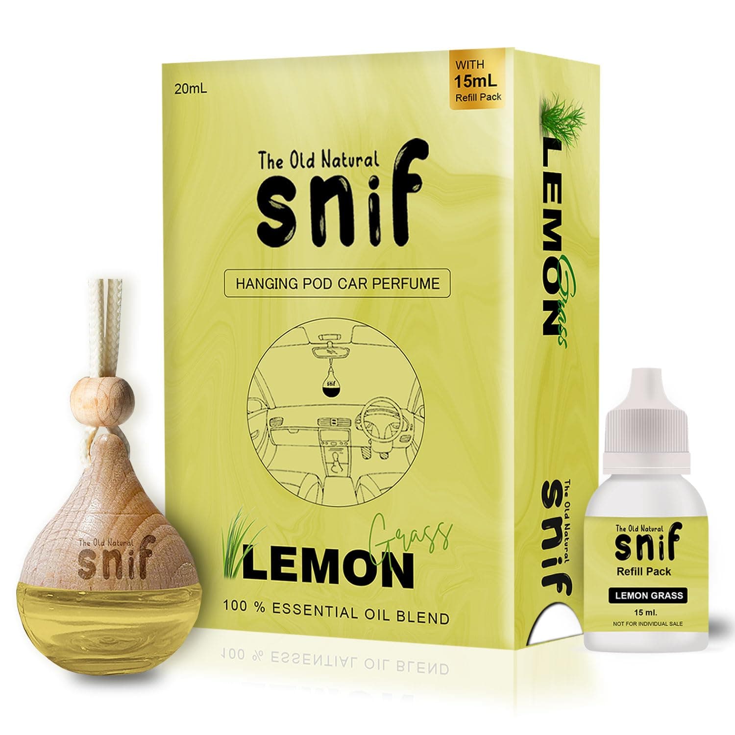 Snif Car Perfume With Essential Oils | Car Perfumes Diffuser With 15ml Refill Pack | Car Fresheners Long Lasting | Car Air Freshener (Pack Of 1, 20ml) (Lemon Grass)